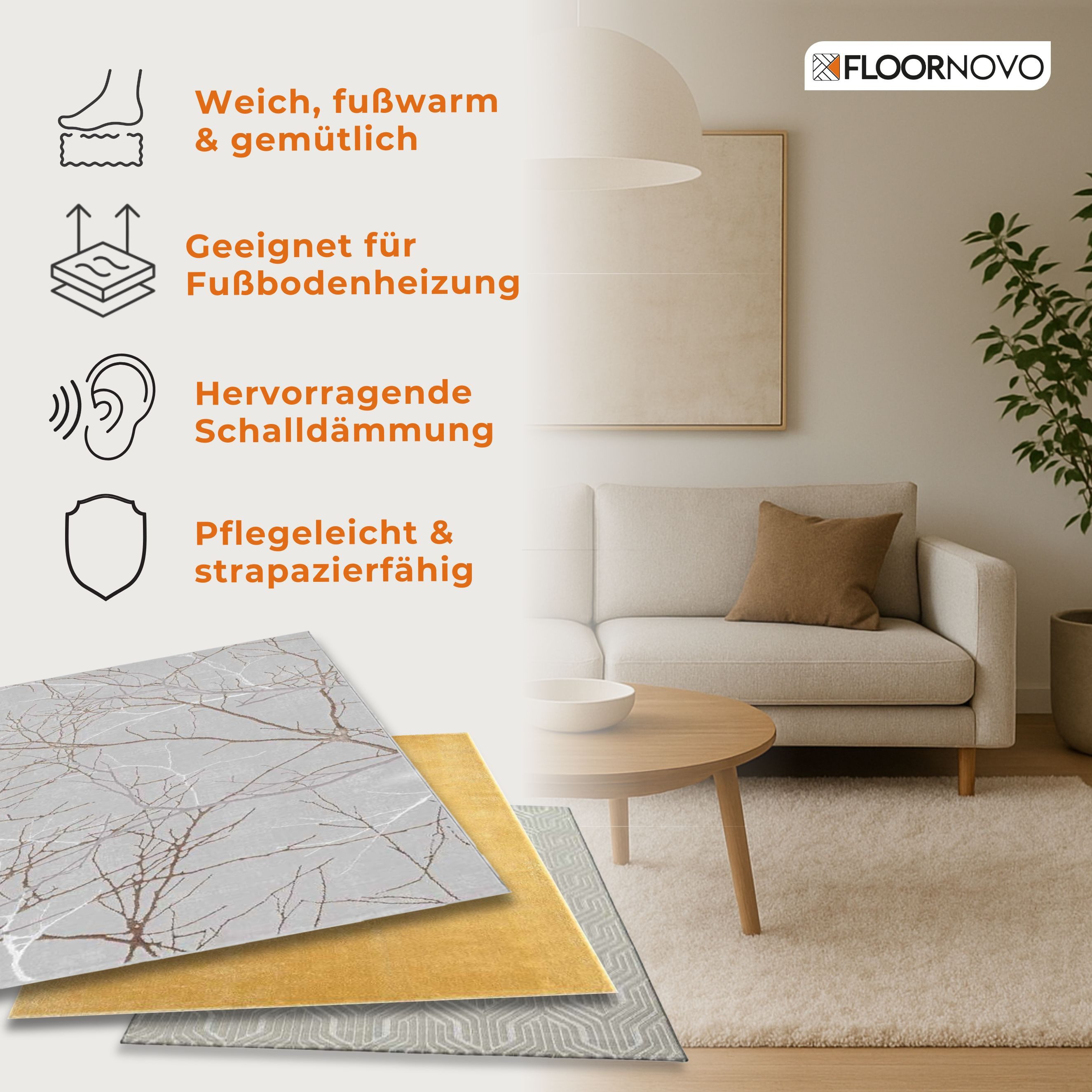 Floornovo Hochflor-Teppich Indoor Teppich Schwarz versch. Größen - rechteckig für alle Innenräume, rund, Trocken- und Feuchträume