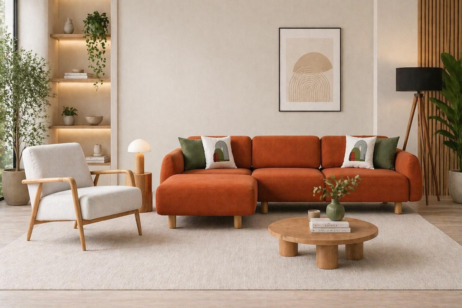 Xlmoebel Polstergarnitur Moderne 4-Sitzer Polstergarnitur mit Sessel und Hocker in Orange, (Polstergarnitur, 3-tlg., 4-Sitzer mit Sessel und Hocker), Made in Europa
