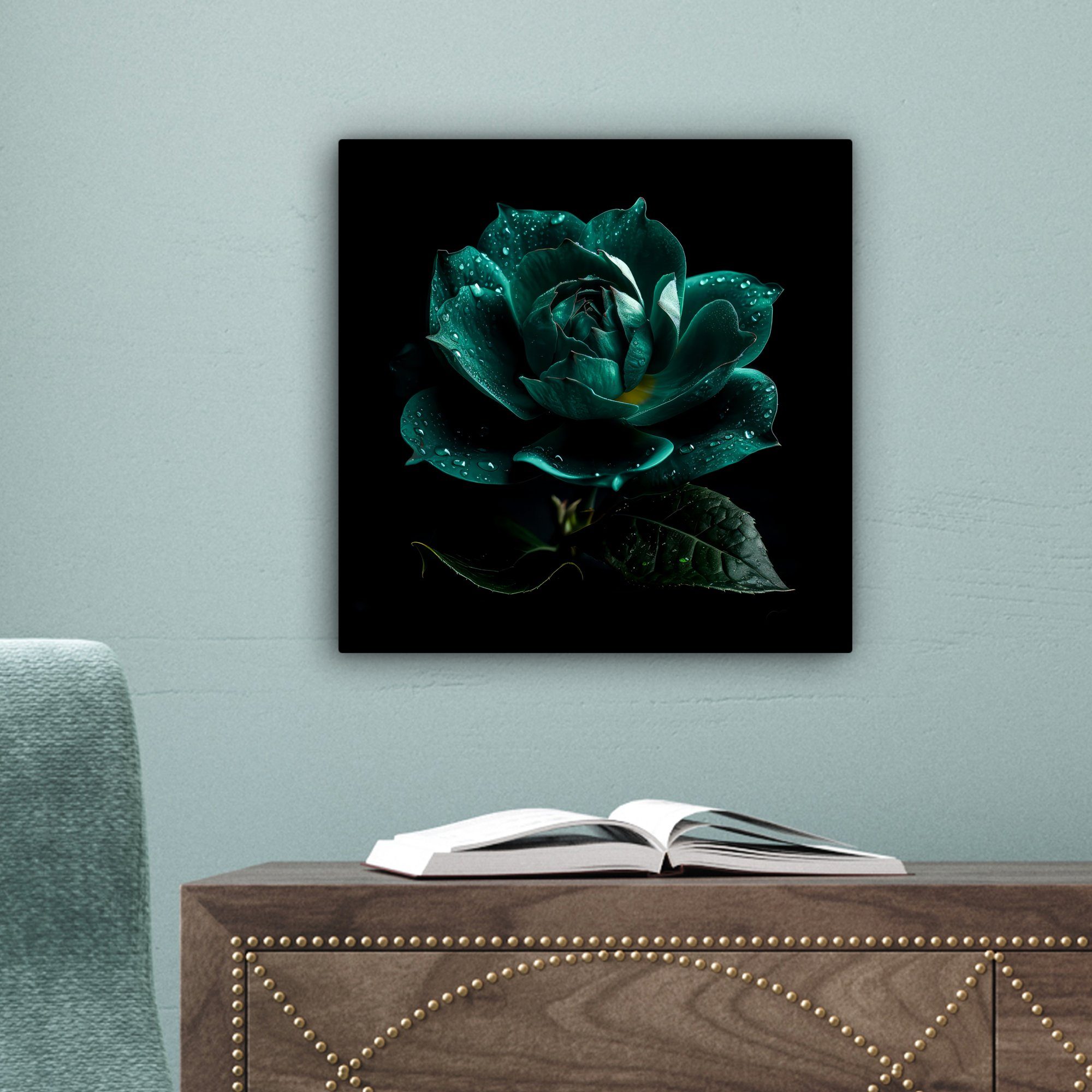 (1 20x20 - cm Bilder Wohnzimmer - St), Schlafzimmer, für Blumen Rosen Leinwand Schwarz, Blau OneMillionCanvasses® - Porträt - Leinwandbild