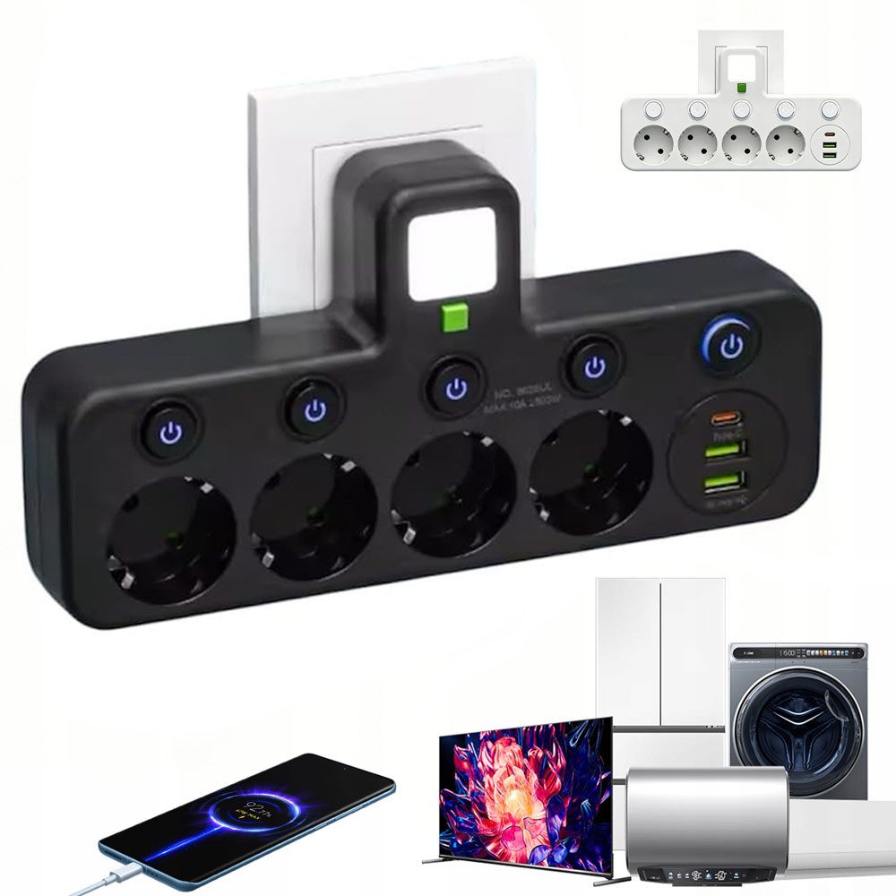 QUBEBU 4 Fach Steckdosenleiste mit 4 Steckdose 2 USB-A/1 Typ-C 5 Schalter Mehrfachsteckdose 4-fach (2500W Mehrfachstecker Wandmontage, Steckerleiste mit Schalter, Kindersicherung, Überstrom-, Kurzschluss- und Überhitzungsschutz), Steckdosenadapter, Doppelstecker, Steckdosenwürfel Tragbar mit LED