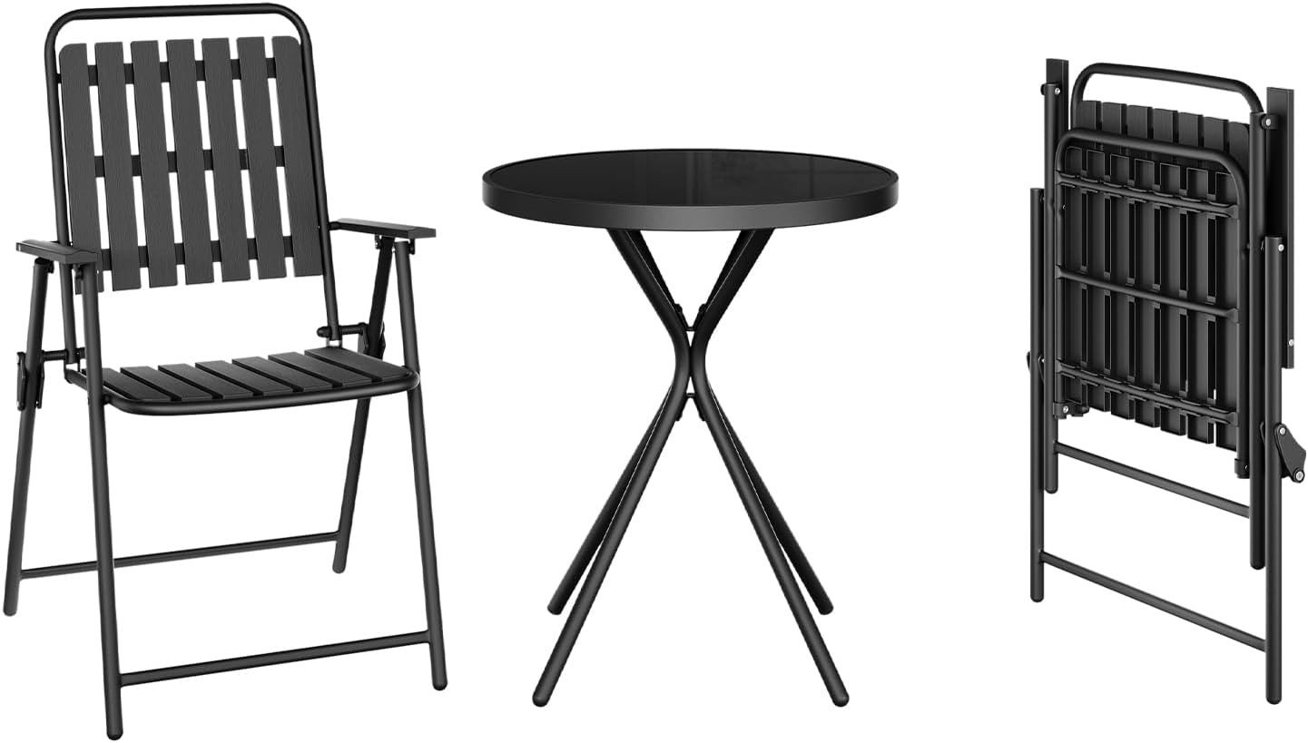 Woltu Balkonset, (3-tlg), Bistrotisch & 2 Klappbare Stühle, Wetterfest und Stabil, Schwarz