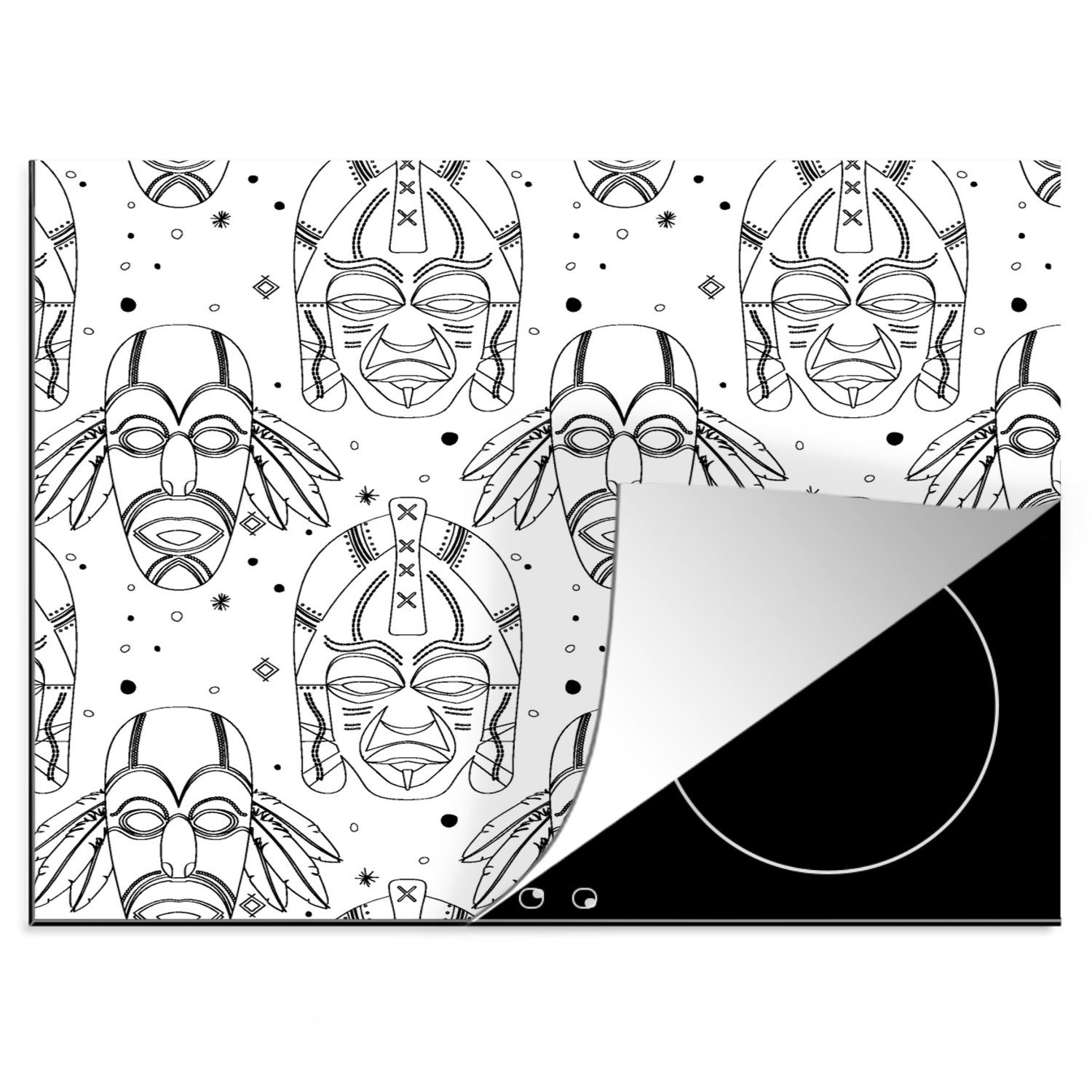 MuchoWow Herdblende-/Abdeckplatte Inka - Masken - Muster - Schwarz und weiß, Vinyl, (1 tlg), 60x52 cm, Mobile Arbeitsfläche nutzbar, Ceranfeldabdeckung