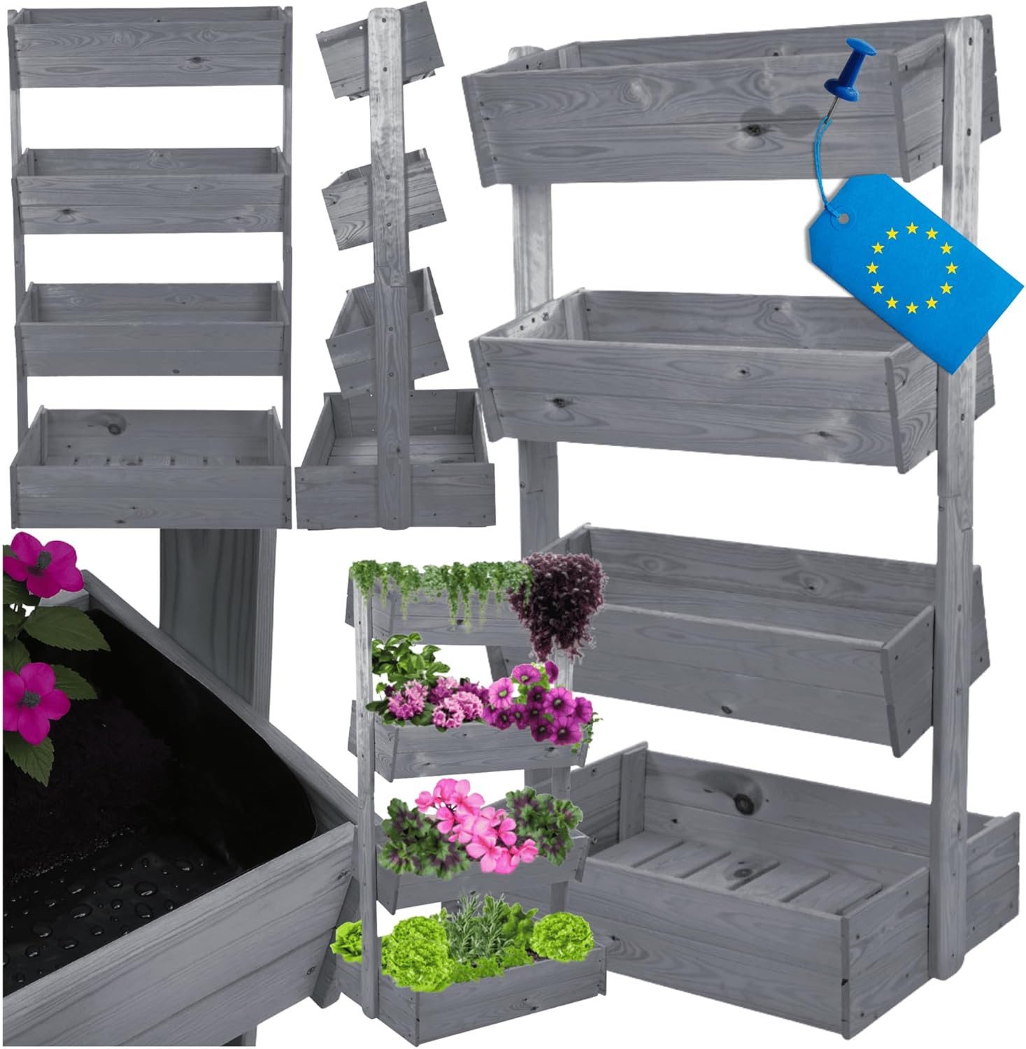 Modo24 Blumenständer Vertikales Blumenregal aus Holz, Pflanzenregal, 4 oder 5 Ebenen, Pflanzenständer, Blumentöpfe, Pflanzentreppe, Blumenkasten, Wetterfest