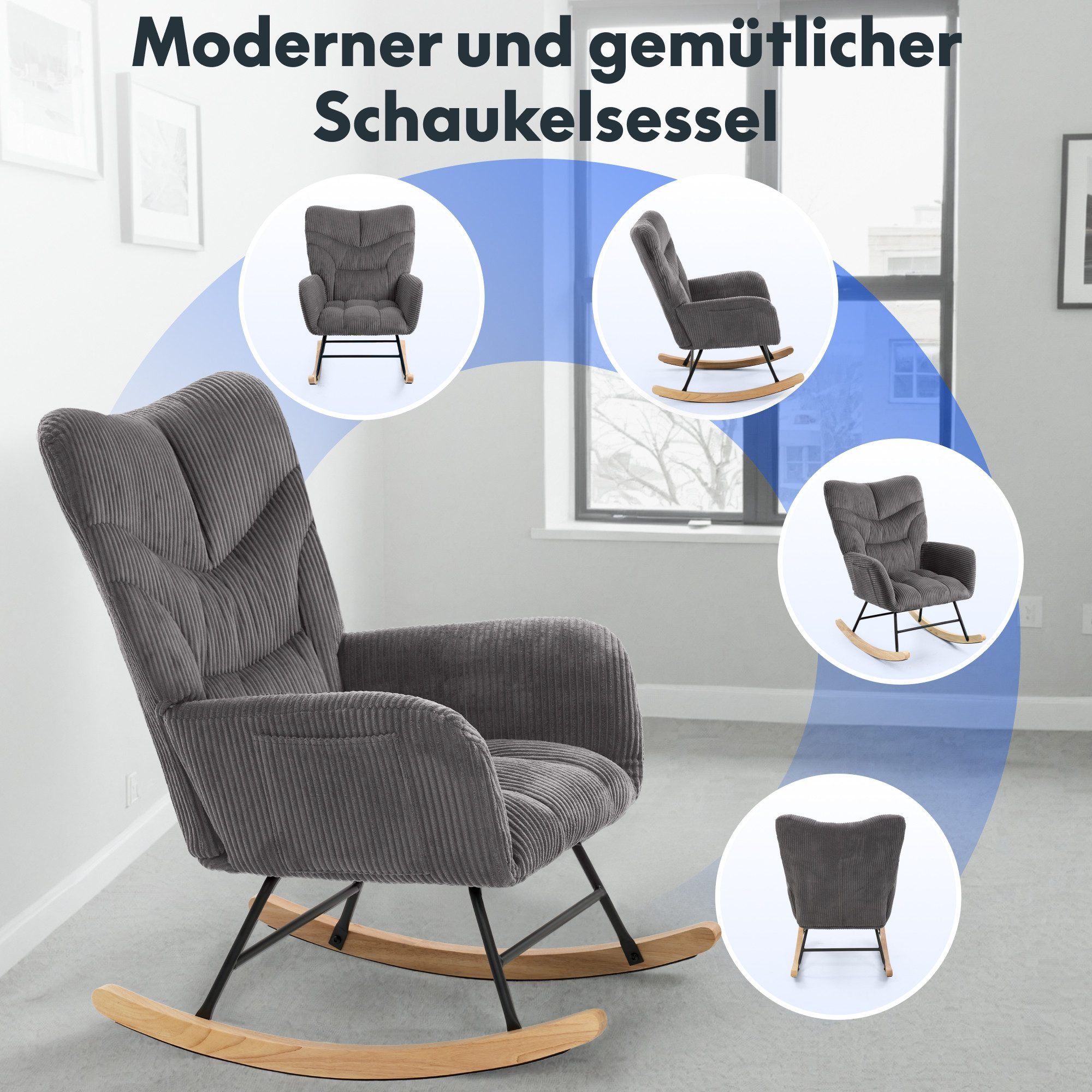 FLEXISPOT Schaukelstuhl mit Hoher Rückenlehne & Fußstütze, Relaxsessel, Schaukelsessel (Moderner Schwingsessel mit Holzkufen, mit Seitentasche), Gepolsterter Re – Bild 4 von 5