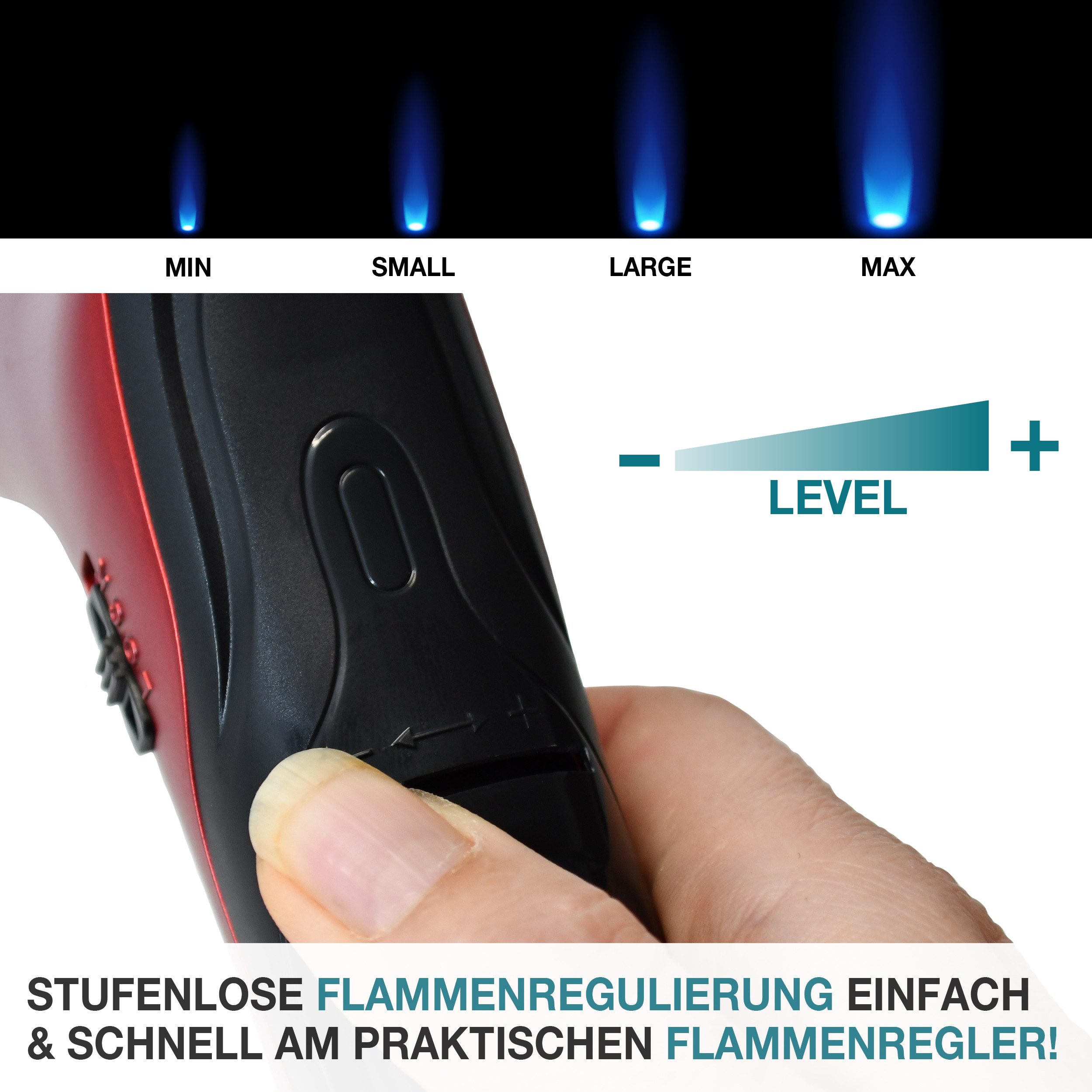 TOM Flambierbrenner Set mit 1 x 100 ml Gaskartusche, 1250°C, Piezozündung, Nachfüllbar