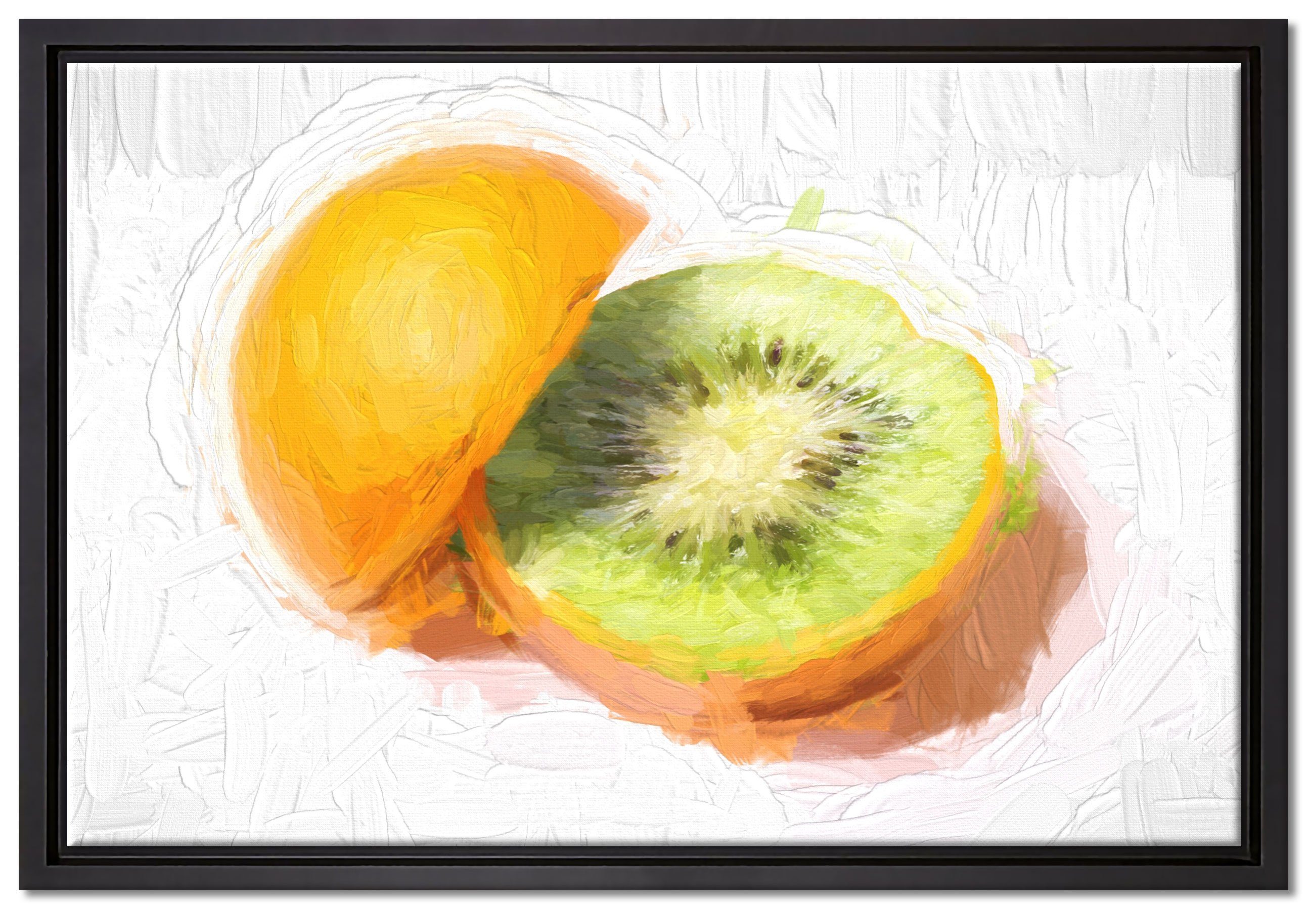 Pixxprint Leinwandbild Orange-Kiwi-Frucht, Wanddekoration (1 St), Leinwandbild fertig bespannt, in einem Schattenfugen-Bilderrahmen gefasst, inkl. Zackenaufhänger