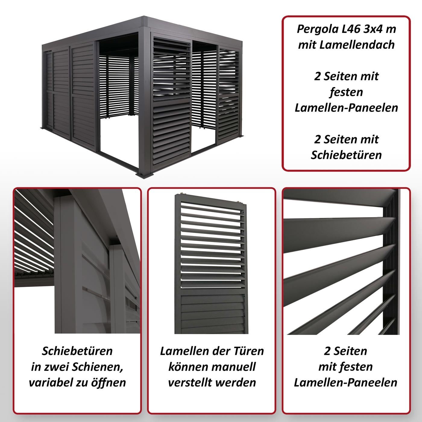 MCW Pergola MCW-L46-LS7, BxTxH: 400x300x220 cm, 7x Schiebetüren und 7x Lamellen-Paneelen