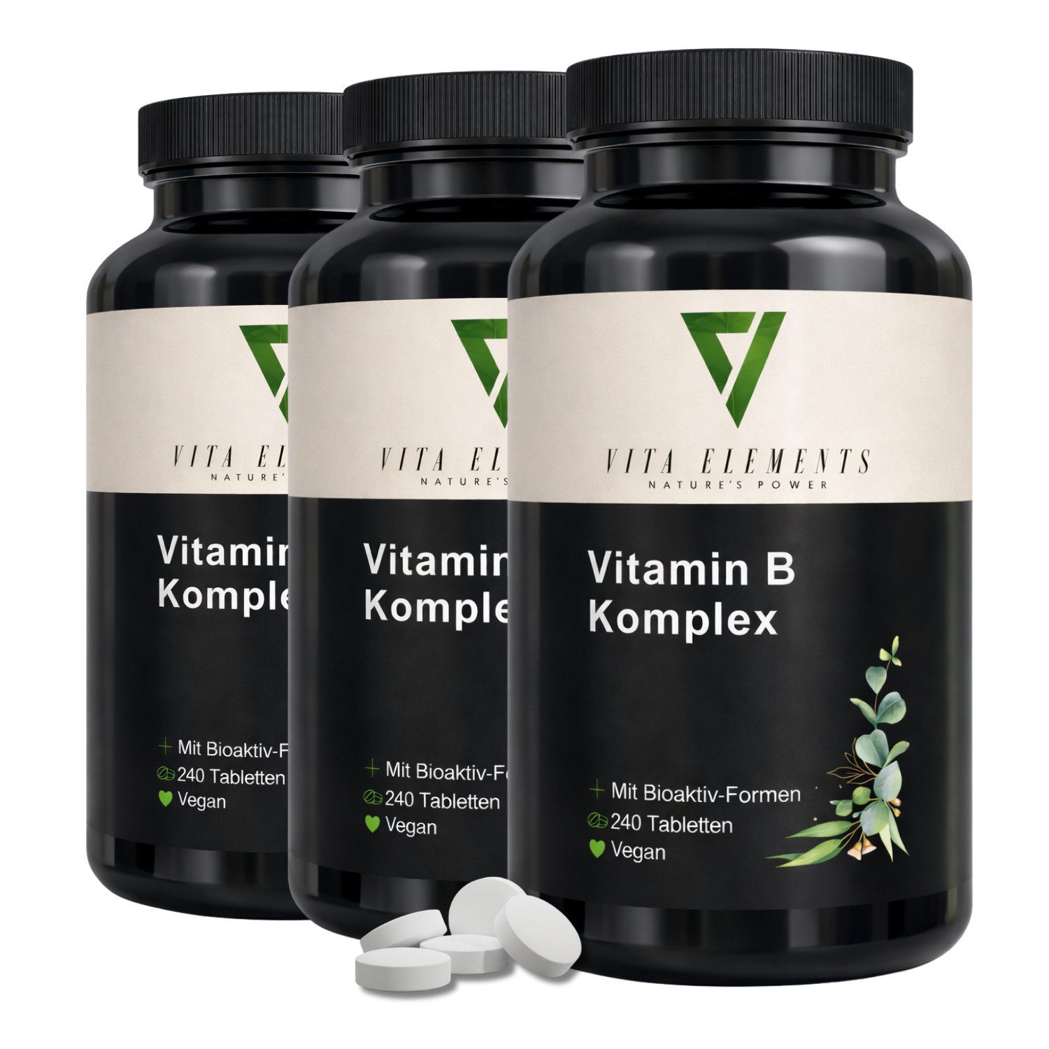 Vita Elements Vitamin B Komplex Tabletten, 3 er Spar-Set à 240 St., Bioaktive-Formen, Vegan, Cholin & Inositol, 8 B-Vitamine, Laborgeprüft