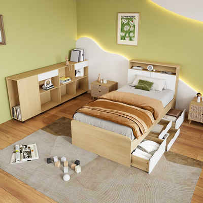 Flieks Kinderbett, Schlafzimmer-Set Einzelbett 90x200cm mit Schrank 222x34x95cm