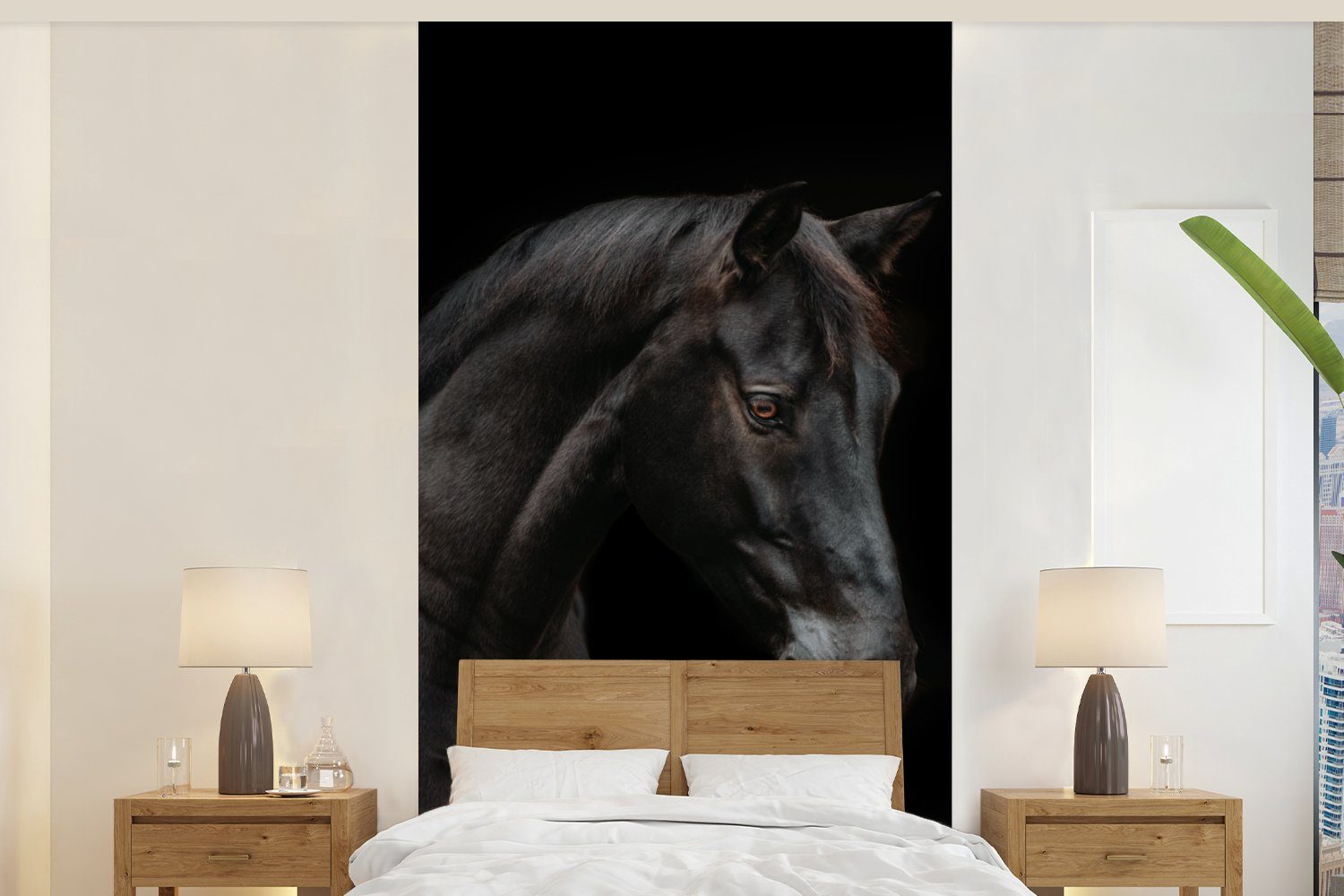 MuchoWow Fototapete Pferd - Tier - Schwarz, Matt, bedruckt, (2 St), Vliestapete für Wohnzimmer Schlafzimmer Küche, Fototapete