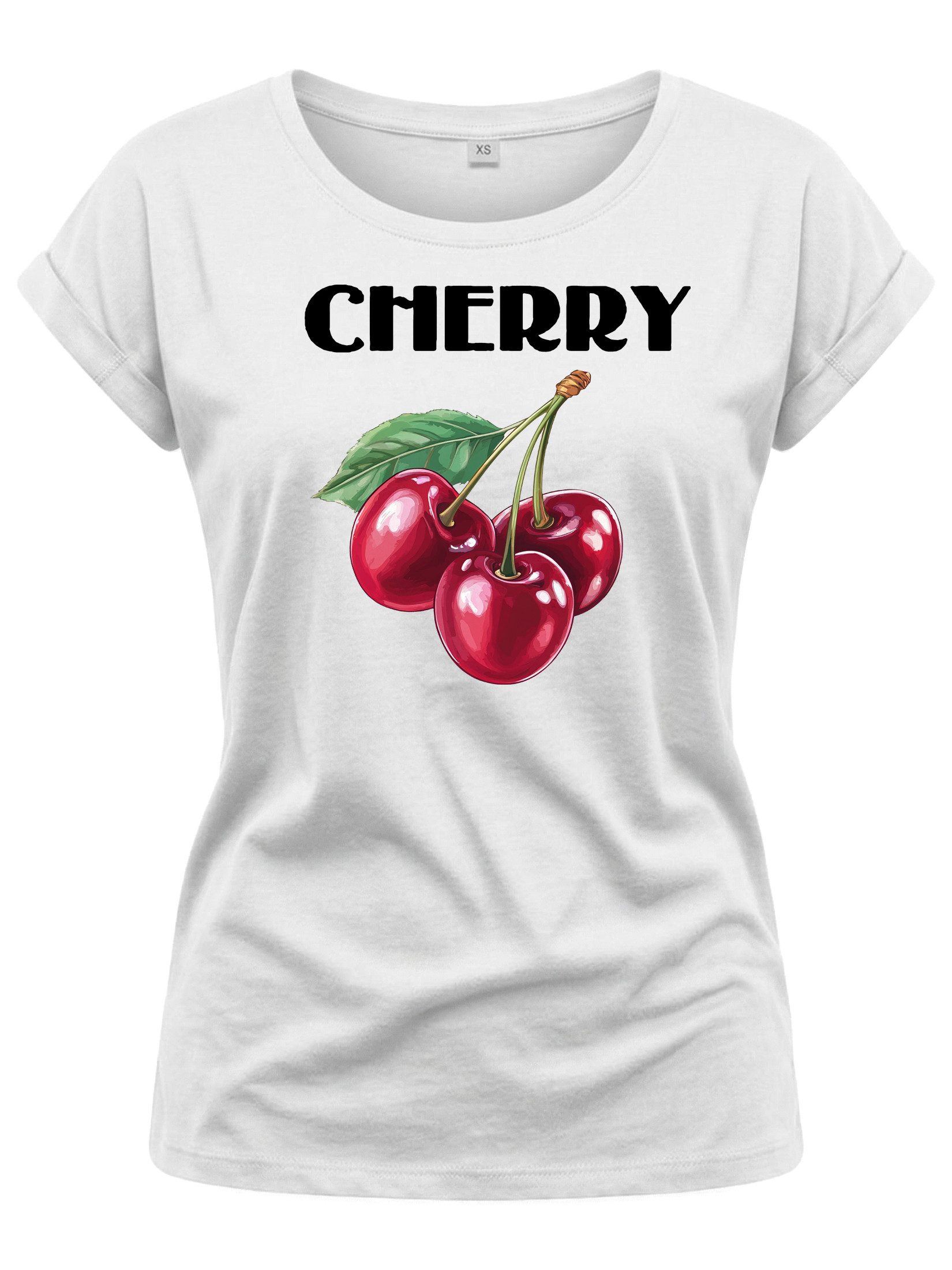 Kurzarmshirt Damen Sommer Shirt mit Aufdruck Kirschen Luftig Elegant Sportlich