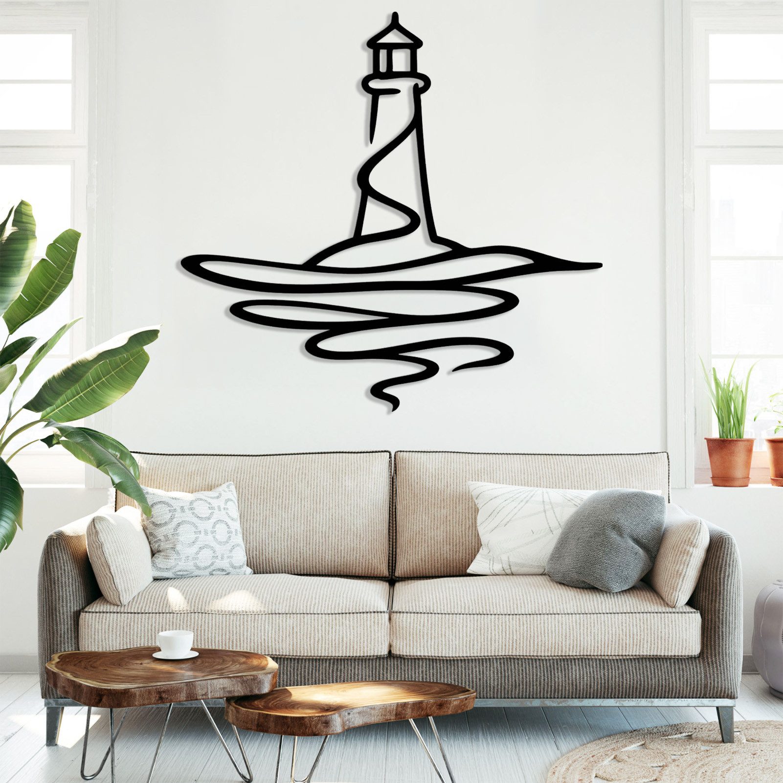 Jumpeak Wanddekoobjekt Leuchtturm-Wanddekoration,Wellenlinien,Maritime Geschenke,Minimalismus, Metall,4 Farbe,2 Maße,Deko im maritimen Stil,Geeignet für Wohn,Wu – Bild 4 von 5