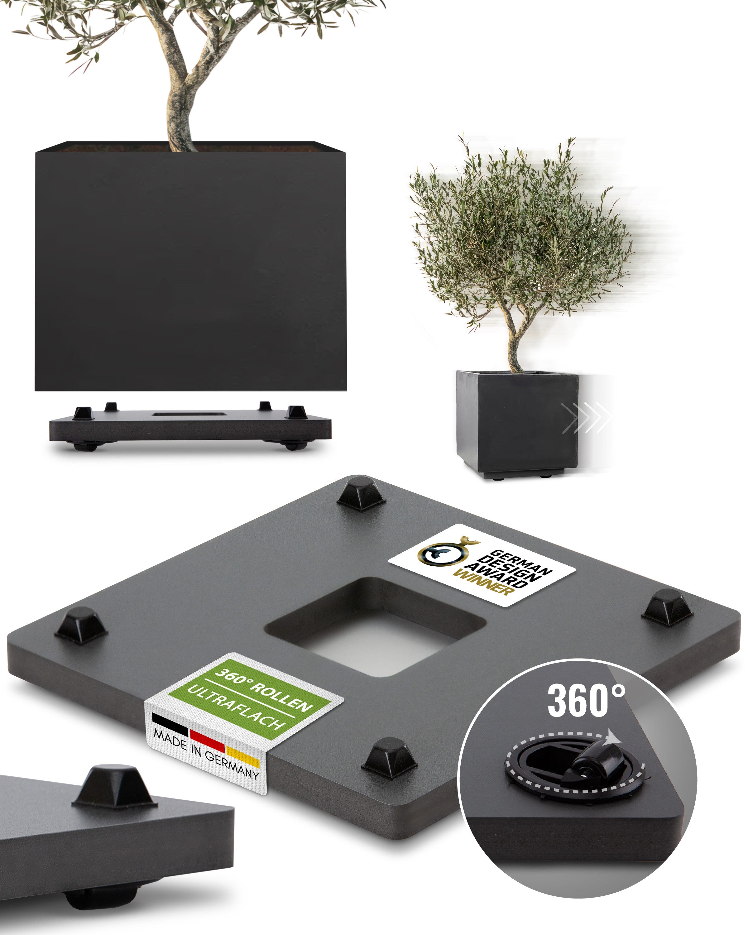 Pflanzwerk® Pflanzenroller Pflanzkübel Blumentopf Ultraflacher Designer Untersetzer Gefäßroller, German Design Award® - 2 Jahre Garantie - Outdoor & Indoor geeignet