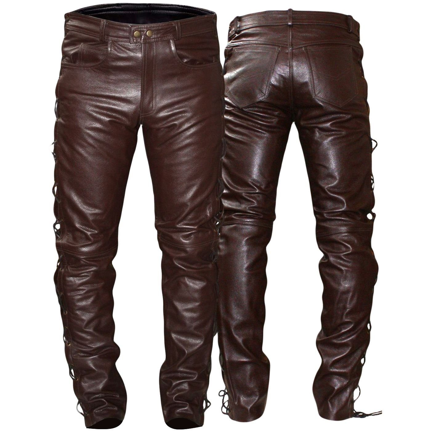 German Wear Lederhose GW860 Brown Lederjeans Büffelleder Braun geschnürt