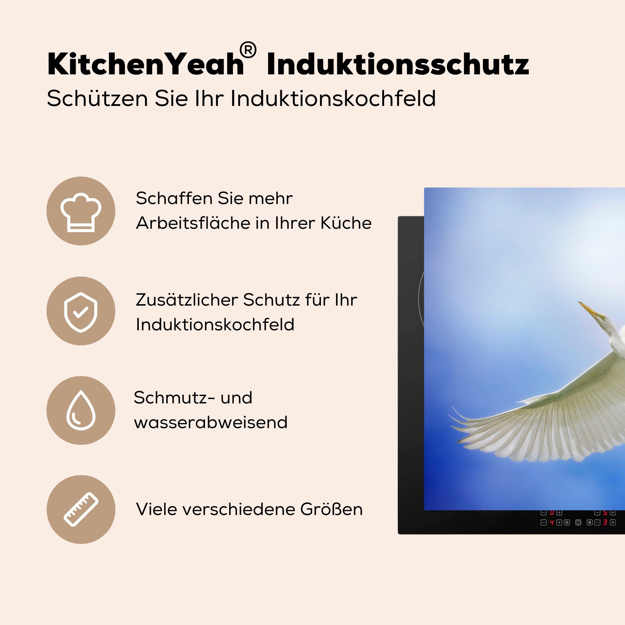 Arbeitsfläche Ceranfeldabdeckung nutzbar, Herdblende-/Abdeckplatte 60x52 Ein Mobile tlg), gesehen, (1 MuchoWow von fliegender cm, Vinyl, Silberreiher unten