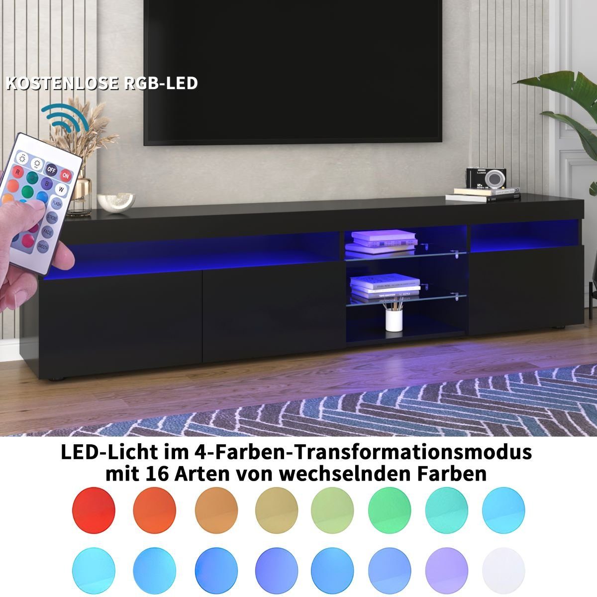 180x35x45cm Stauräume vierfarbigen TV-Schrank Fangqi TV-Schrank, Schwarz LED-Leuchten,8 mit (maximal 30kg) belastbar