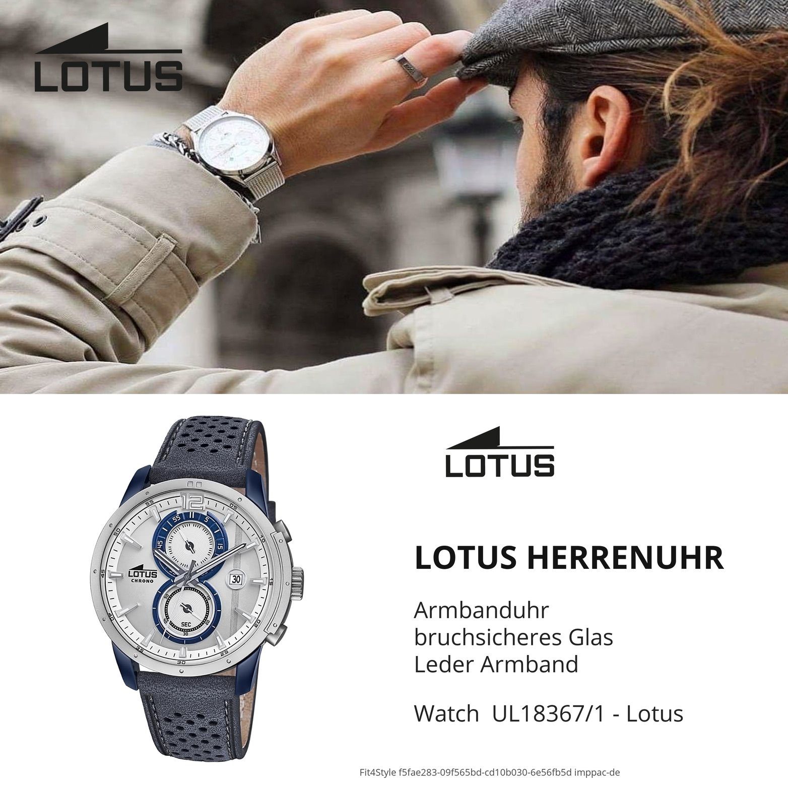 Lotus L18367/1, Lotus Leder Lederarmband, Chronograph Uhr Herrenuhr Gehäuse, (ca. mit Chrono groß 44mm), Herren Sport-Sty rundes