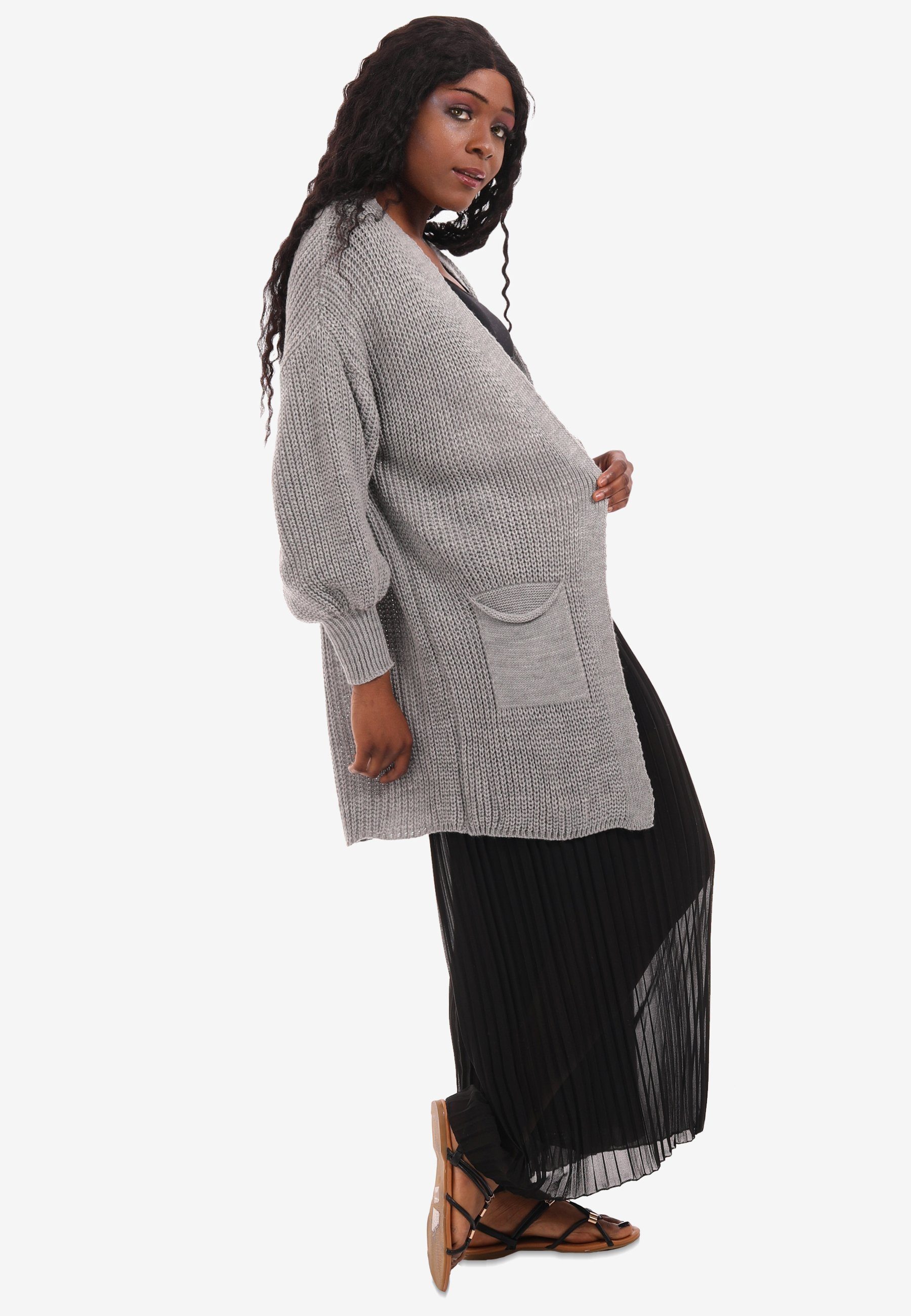 mit grau mit & YC Size Style in Taschen Taschen Cardigan Unifarbe, One aufgesetzten Fashion Strick-Cardigan