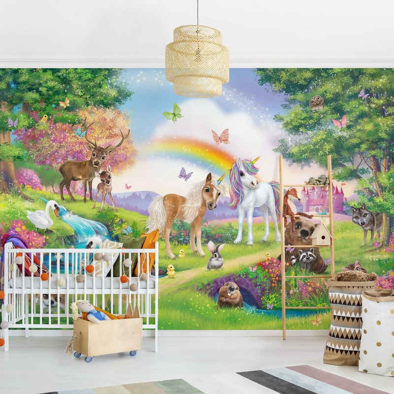 Bilderdepot24 Kindertapete Kinderzimmer Zauberwald mit Einhorn Kinder Wanddeko Regenbogen, Glatt, Matt, (Inklusive Gratis-Kleister oder selbstklebend), Mädchenzimmer Jungenzimmer Babyzimmer Bildtapete Fototapete Wandtapete