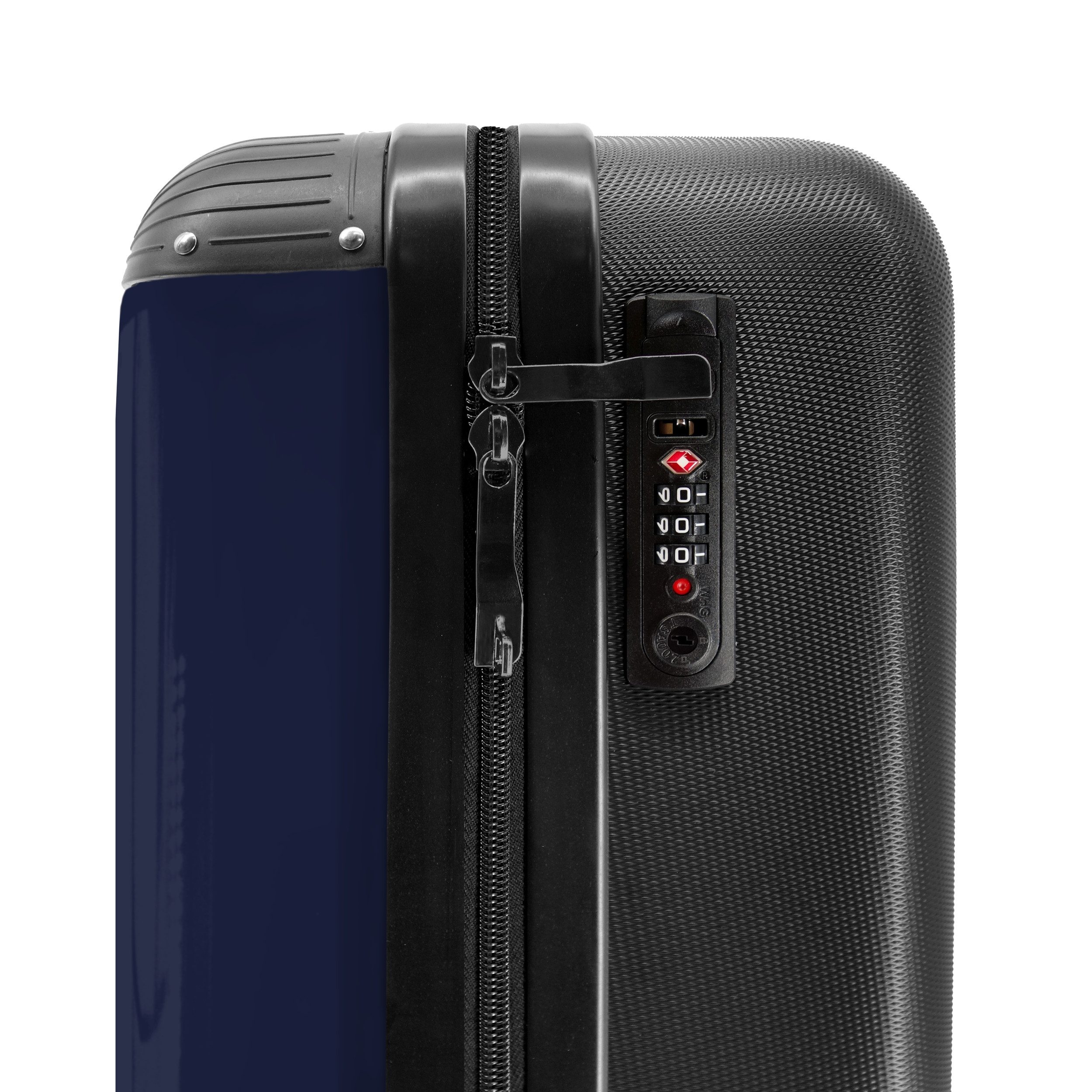 NoBoringSuitcases.com© Hartschalen-Trolley Dunkelblauer Hintergrund mit rotem und weißem Streifen und Text Taking, Reisekoffer mit 4 Rollen, Carry on luggage, M – Bild 5 von 5