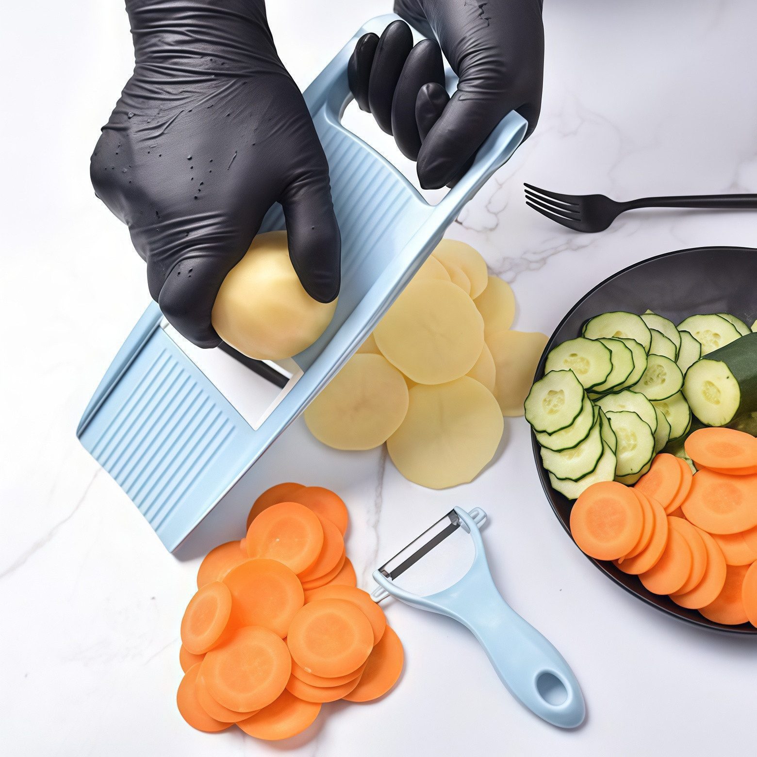 FOUORTUNATE-BEE Gemüsehobel 5-in-1 Multifunktionaler Gemüseschneider – 7-teiliges Set, Praktisches Küchenset für Gemüse, Obst und mehr – Bild 5 von 5