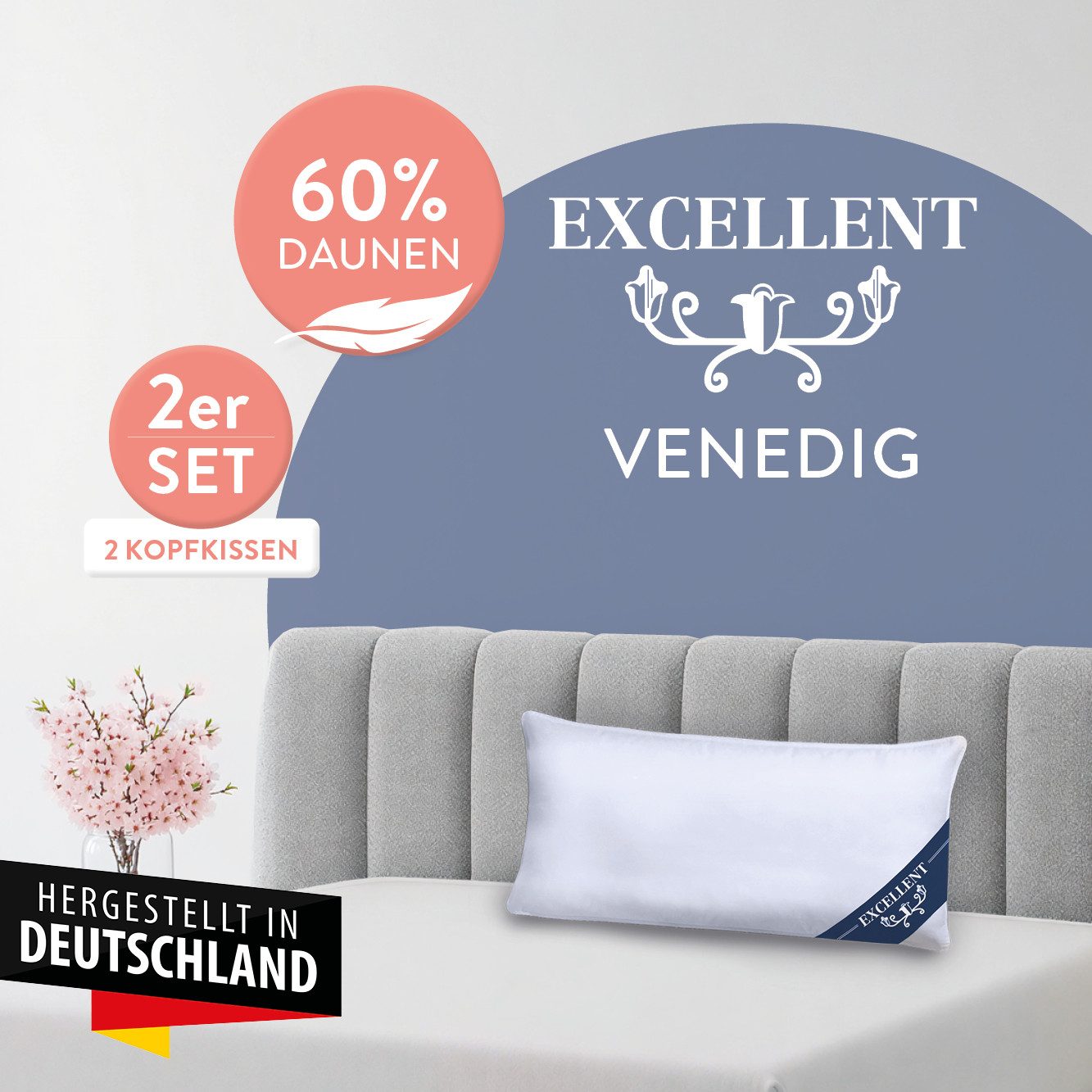 Excellent 3-Kammer-Kopfkissen Venedig, 1-tlg. oder 2 tlg. Hergestellt in Deutschland!, Füllung: weiße neue Daunen und Federn, Klasse I, 60% Daunen / 40% Federn (Außen), weiße neue Federn, Klasse I, 100% Federn (Innen), Bezug: feiner Daunen-Batist, 100% Ba