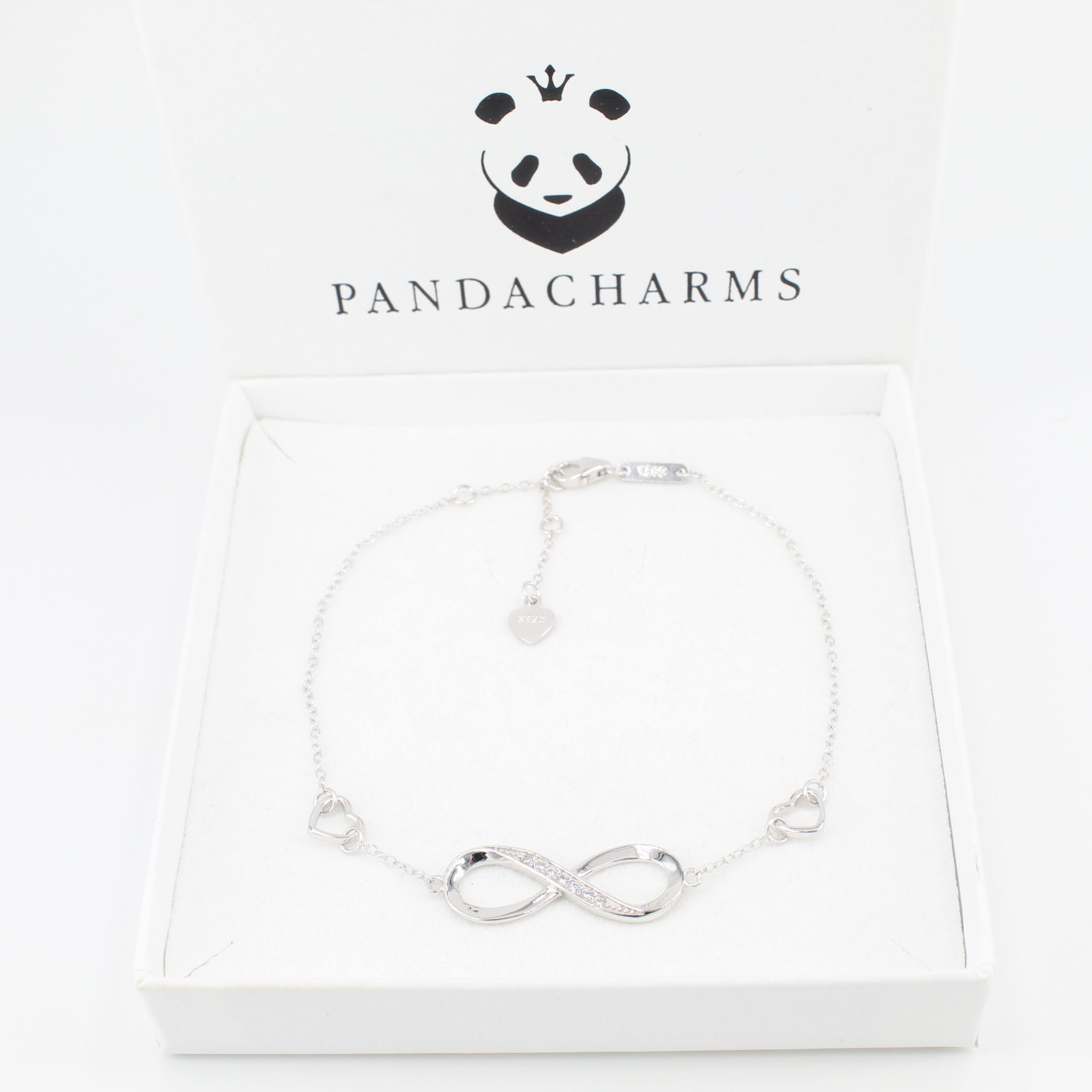 PANDACHARMS Silberarmband Infinity mit Herzen, 925er Silber mit Zirkonia, Länge variabel 18-20cm