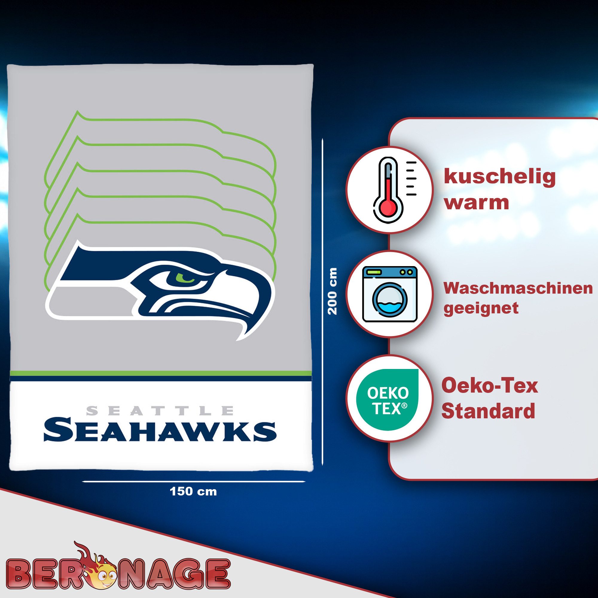 Wohndecke NFL Seattle Seahawks Decke 150x200 cm Wellsoft Kuscheldecke, BERONAGE, passend zur Bettwäsche, ideal für Sofa, Couch, Bett, Auto, Camping