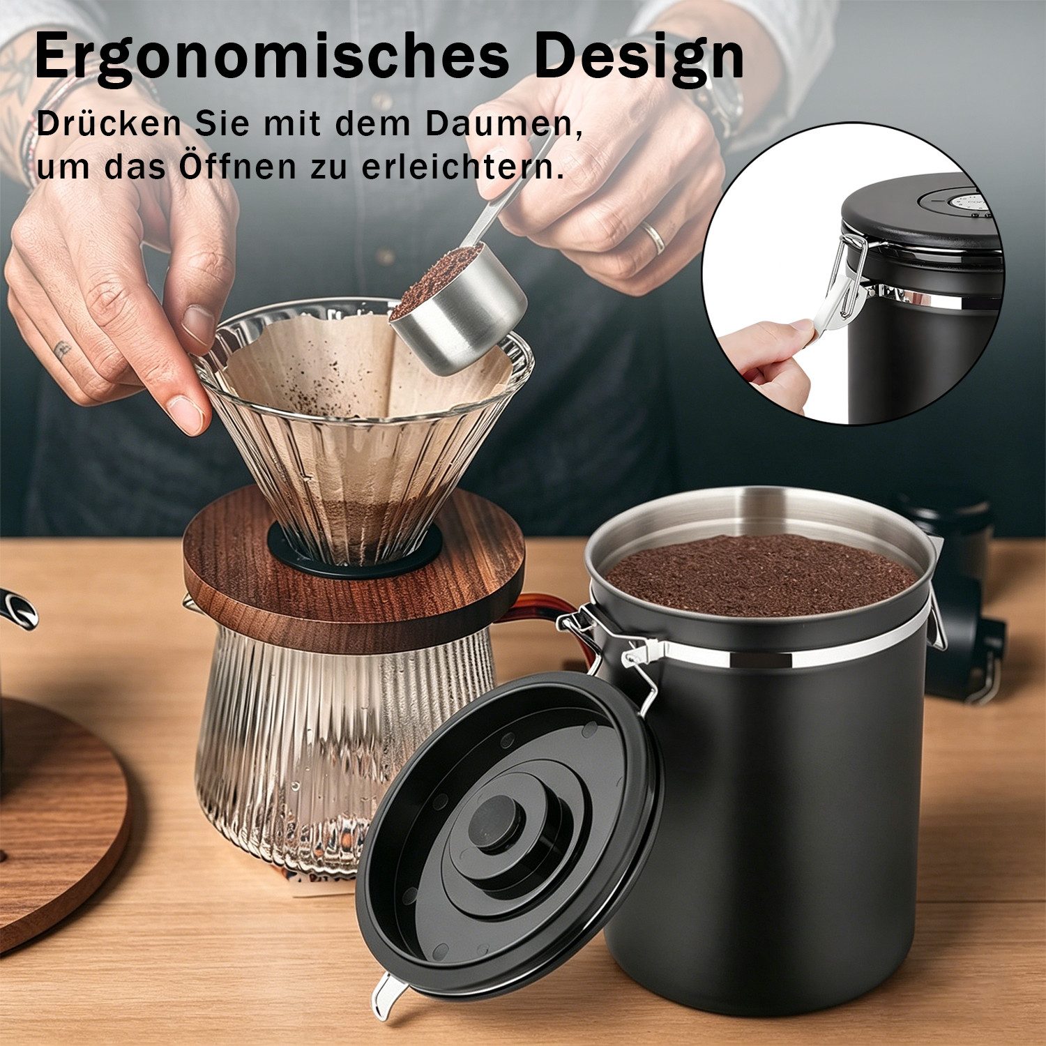 AKKEE Kaffeedose Edelstahl Luftdicht Kaffeebohnen Vorratsdose Mit Löffel, Luftdichte Kaffeebehälter