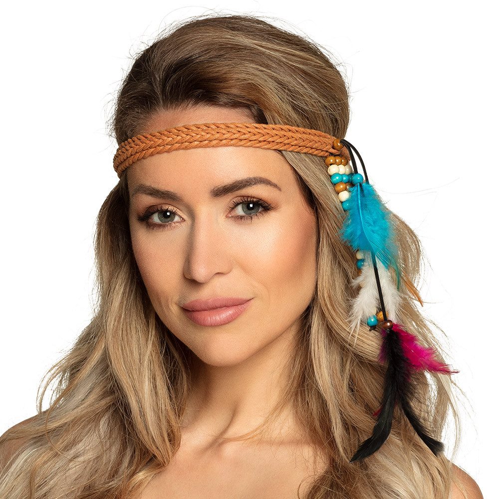 Boland Hippie-Kostüm Stirnband Festival braunes Haarband mit Perlen, Federn für Hippie Look, Perfekt kombinierbar mit Hippie- und Boho-Outfit