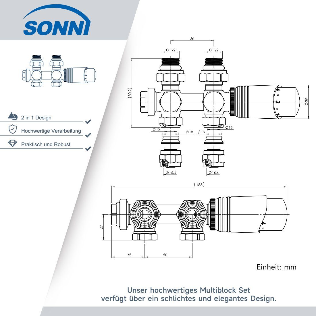 SONNI Heizkörperthermostat Multiblock Set für G 50mm Thermostatkopf Anschlussarmatur, Thermostat 1/2" ; Anthrazit mit Heizkörper