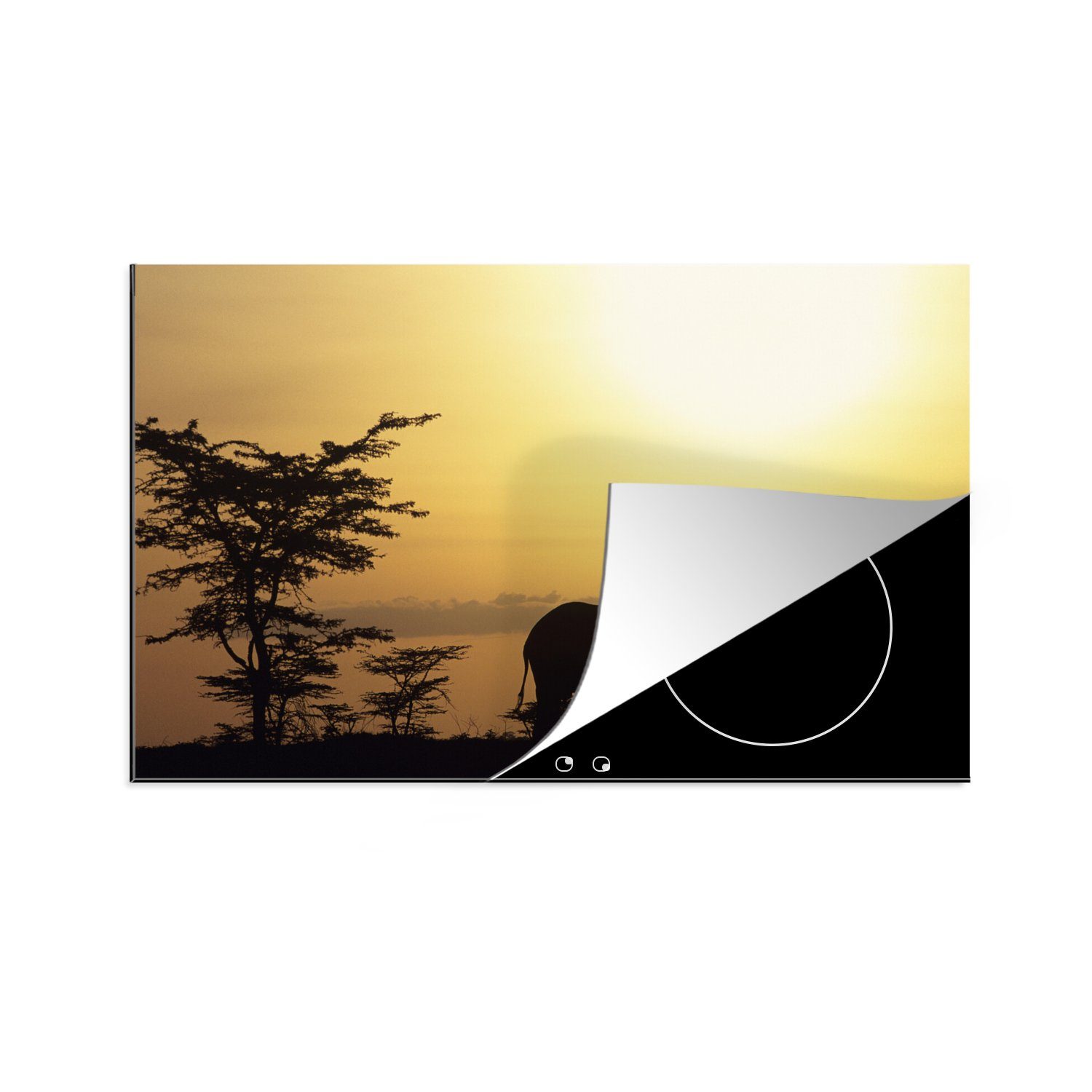 MuchoWow Herdblende-/Abdeckplatte Silhouette eines Elefanten in der Savanne, Vinyl, (1 tlg), 81x52 cm, Induktionskochfeld Schutz für die küche, Ceranfeldabdeckung