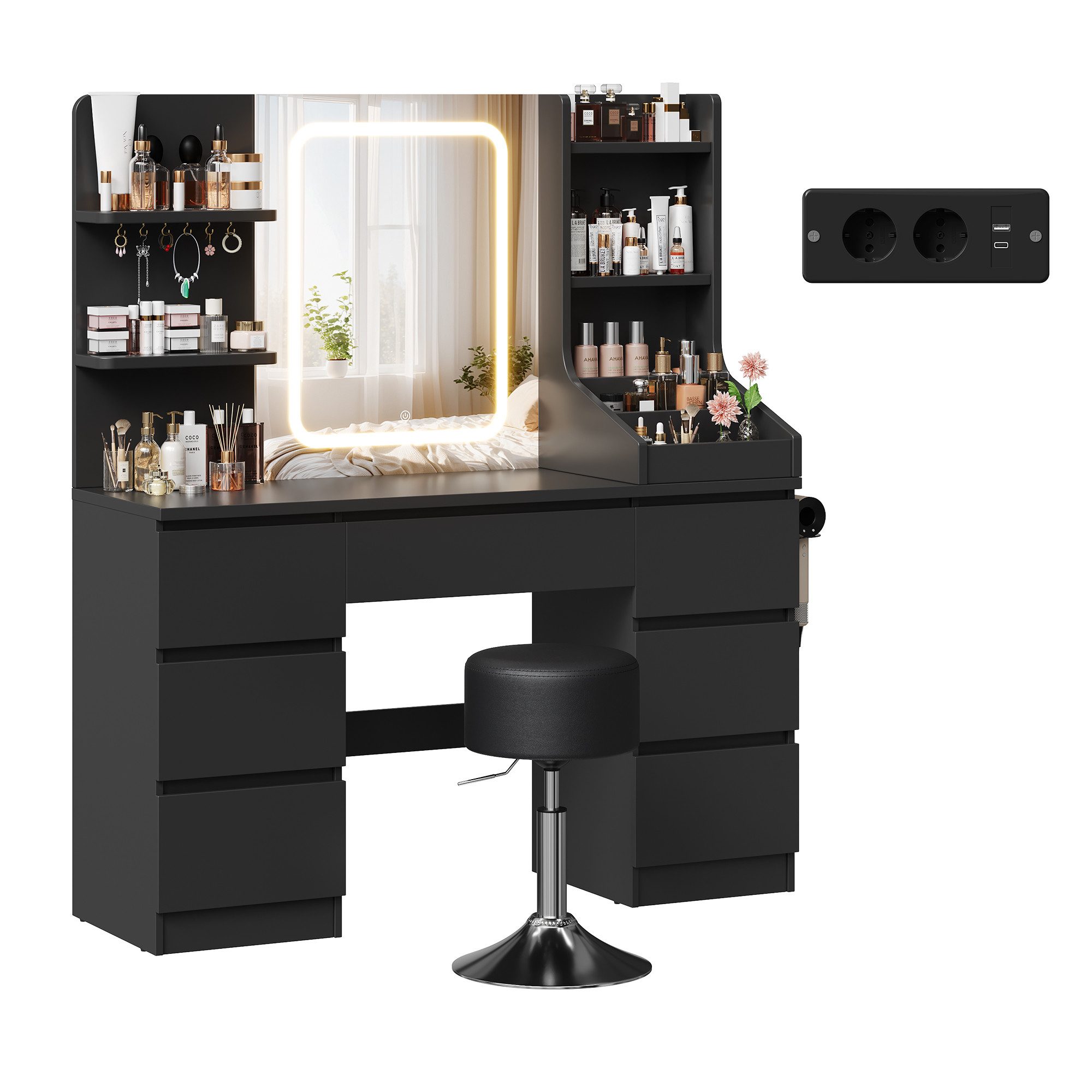 HOMALL Schminktisch Spiegel mit LED-Beleuchtung, 7 Schubladen (Maße: 110 × 40 × 139 cm, drei einstellbare Farbtemperaturen, mit 8 offenen Ablagefächern, 6 Schmuckhaken, 2 Steckdosen, 1 USB-Anschluss, 1 Typ-C-Anschluss und einer Haartrocknerhalterung)
