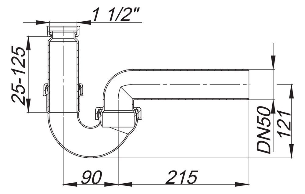 Dallmer Siphon DALLMER Röhren-Siphon 100/0, 1 1/2"xDN50 o.WA-Anschluss