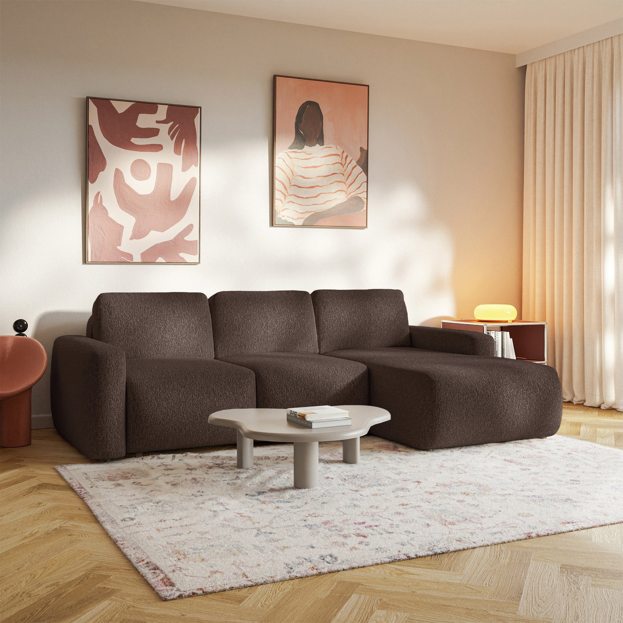 Selsey Ecksofa CARNOS MINI, Ecksofa mit Ottomane, Chenille-Bezug, Schlaffunktion und Bettkasten