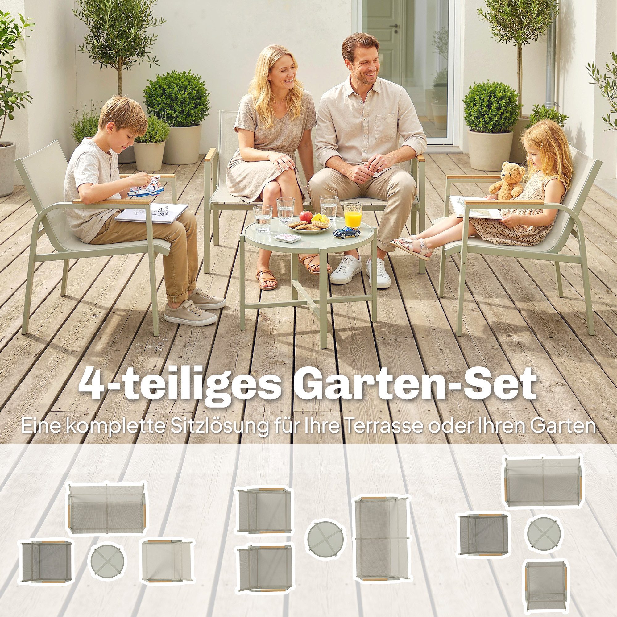 Outsunny Sitzgruppe Gartenlounge mit 2er-Sofa 2 Sesseln Beistelltisch Terrassenmöbel, (Outdoor Balkonmöbel-Set, 4-tlg., Gartenmöbel Set), für Garten Balkon Grün – Bild 4 von 5