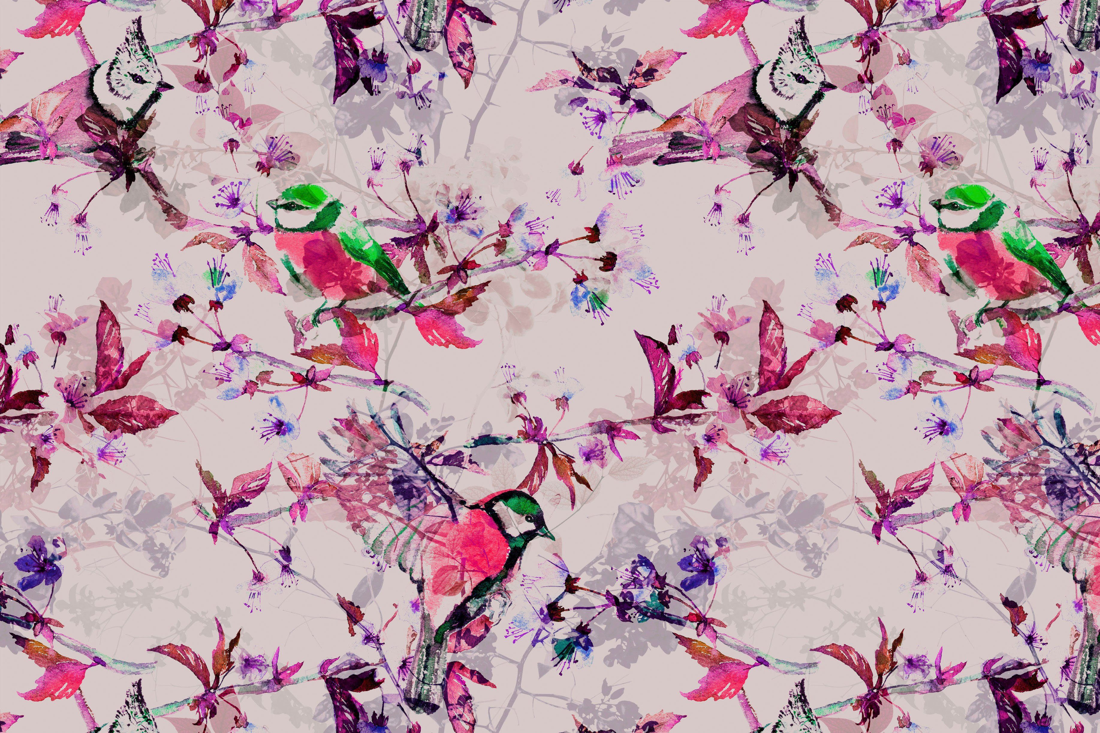 Keilrahmen Leinwandbild Bild Vögel songbirds, grün St), (1 A.S. Floral rosa, blau, Création