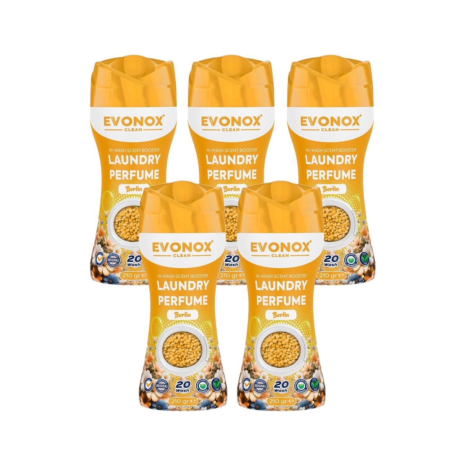 EVONOX Wäscheparfüm Wäscheparfüm-lang anhaltende Frische für alle Textili 210 gr (5-St), Parfüm für Waschmaschinen Set 1-3-5
