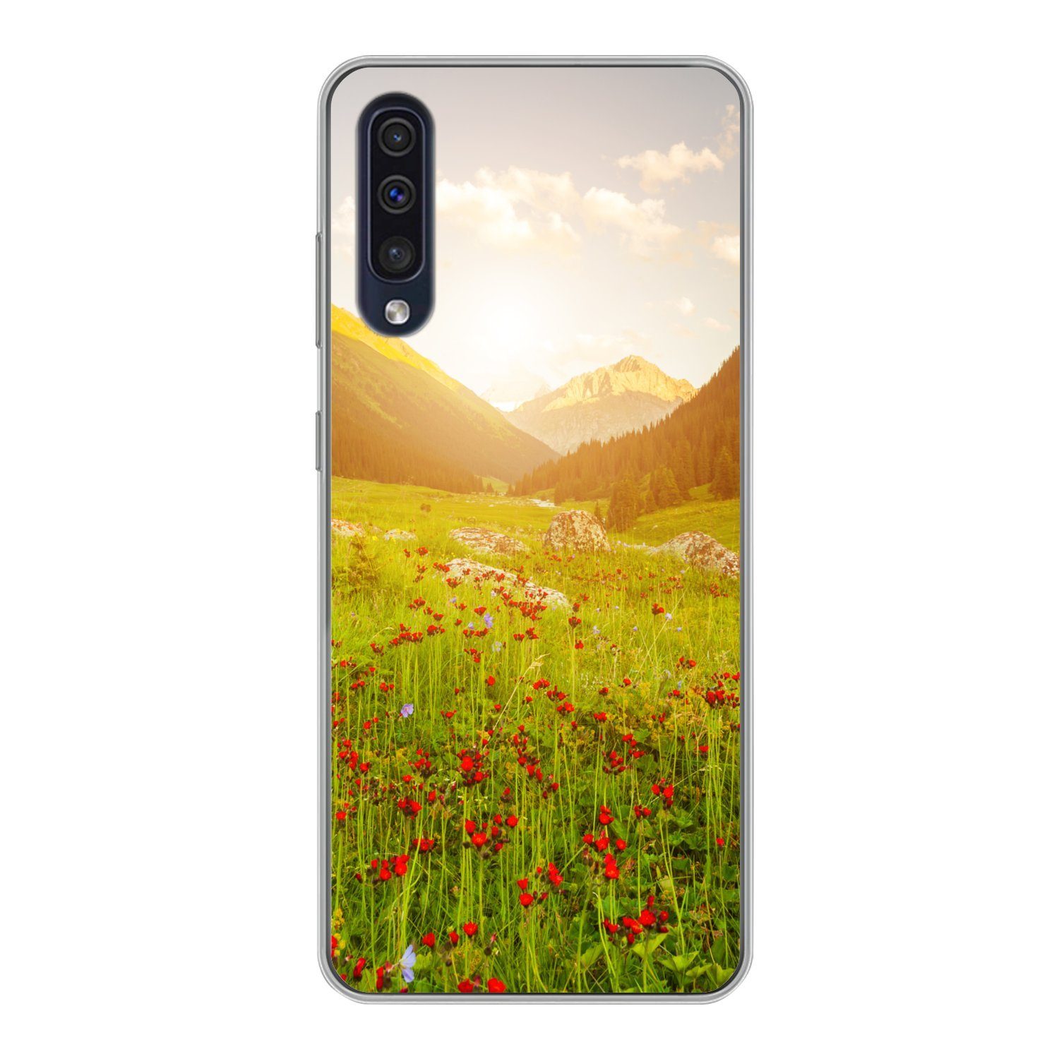 MuchoWow Handyhülle für Samsung Galaxy A30s Blumen - Berg - Sonne, Smartphone-Bumper, Print, Handy Schutzhülle Dünn