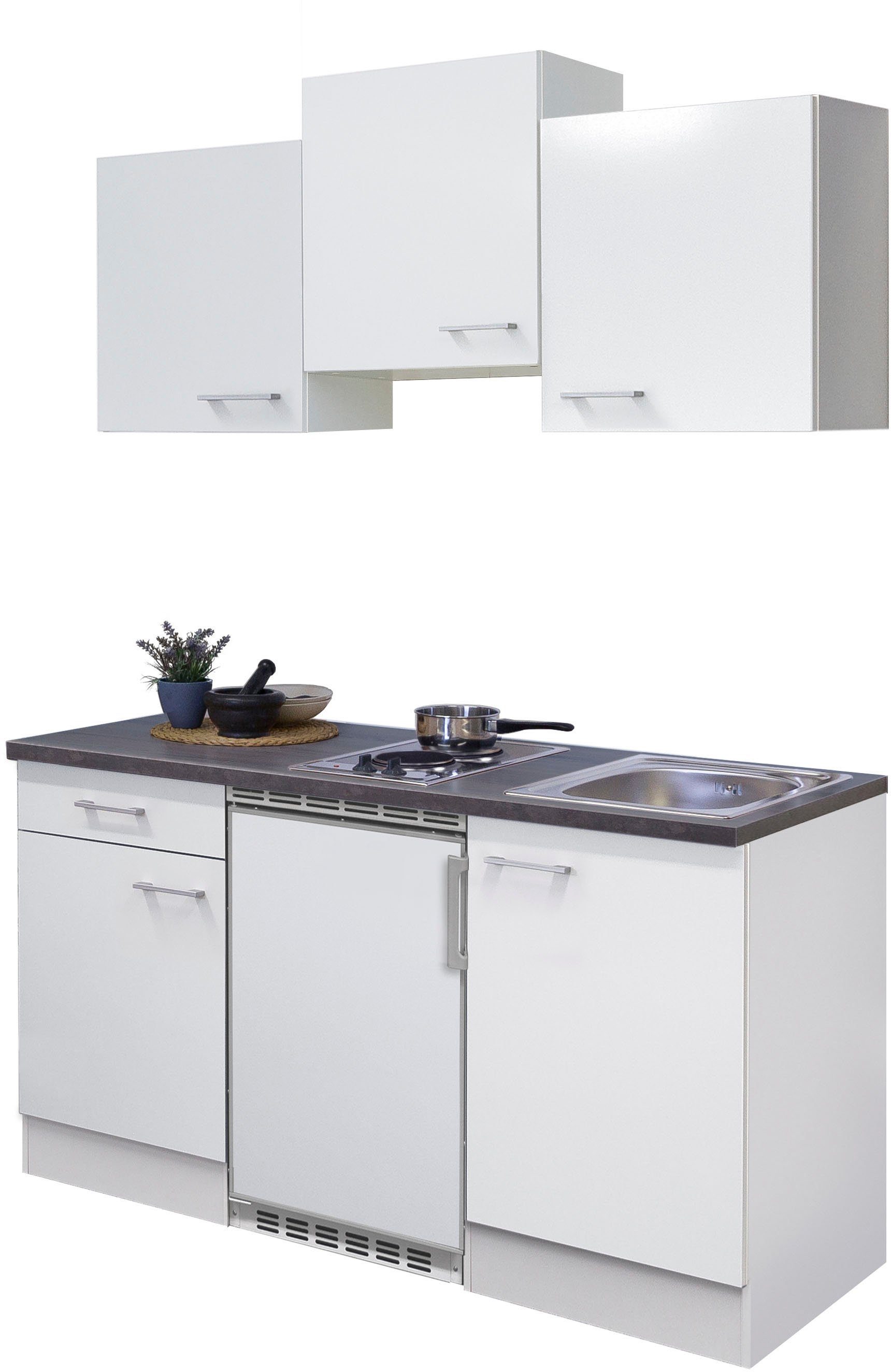 Flex-Well Küche Lucca, Breite 150,5 cm, mit Unterbau-Kühlschrank, Kochfeld  und Spüle | Apothekerschränke