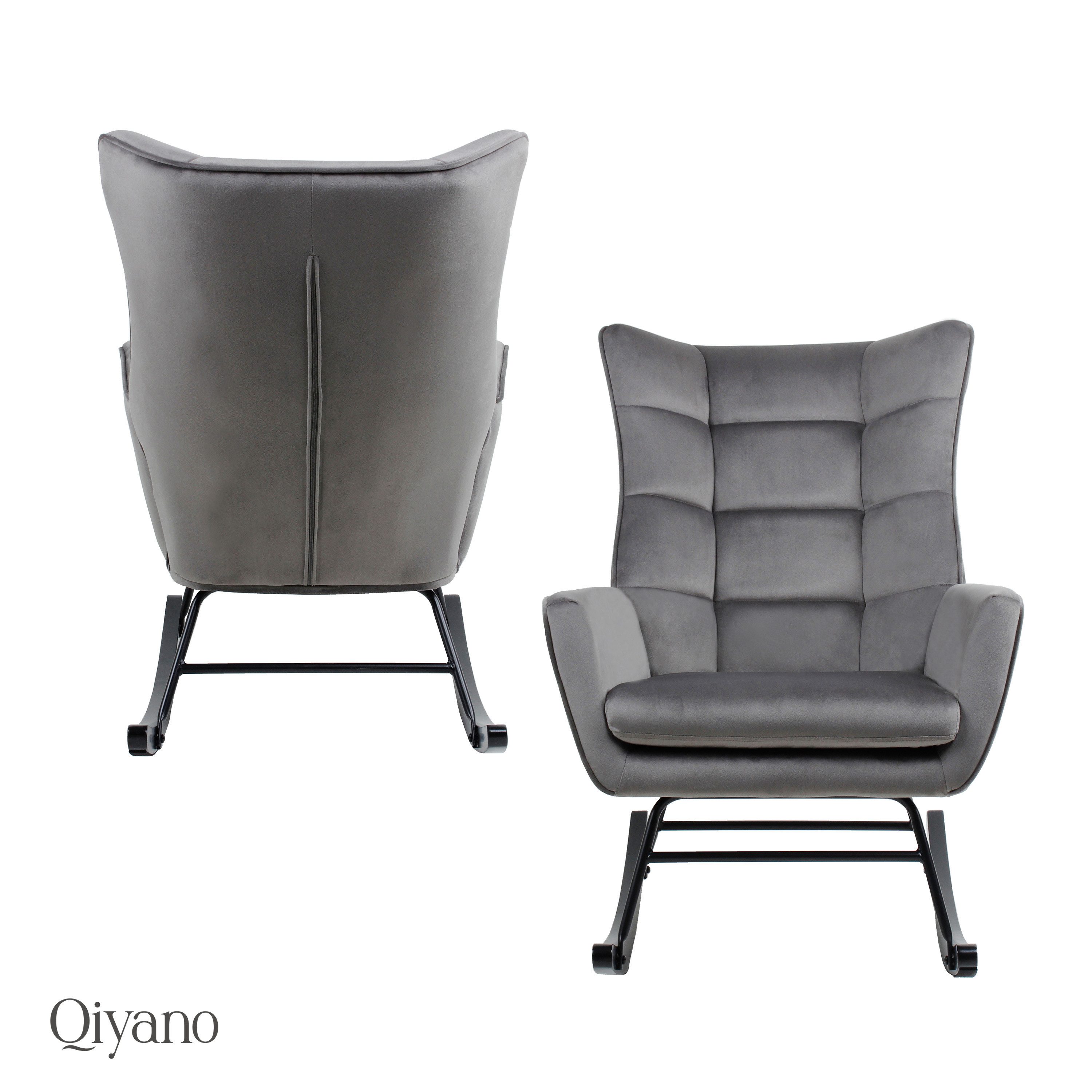 Qiyano Schaukelstuhl Medira Grau Samtstoff mit Metallgestell und Holzkufen günstig online kaufen