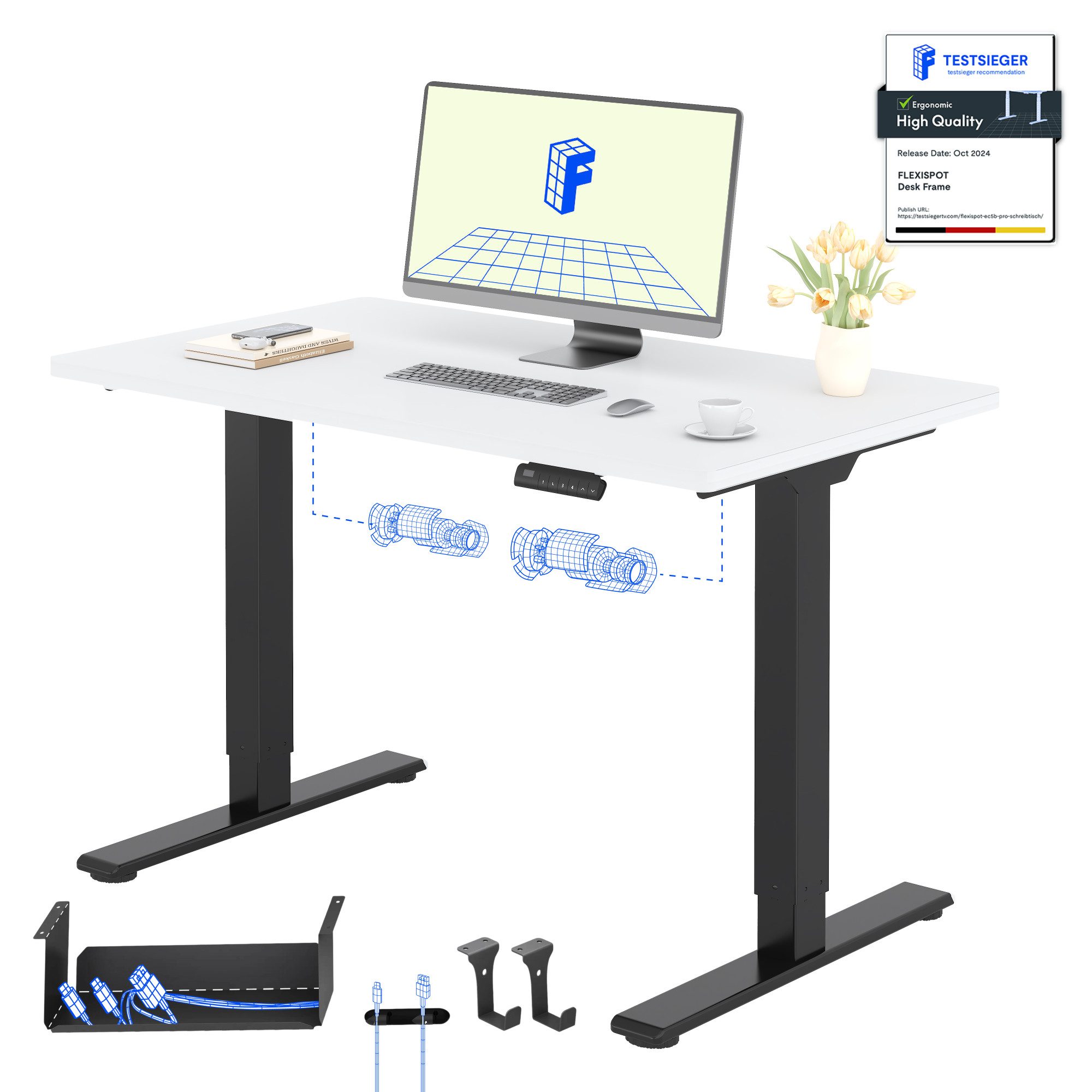 FLEXISPOT Schreibtisch Basic Plus höhenverstellbarer Schreibtisch mit Premium-Zubehör-Set (2 Motore & 2-Fach-Teleskop & 4 Höhenspeichertasten), MIT 25MM einteiliger Tischplatte, 120/140/160/180