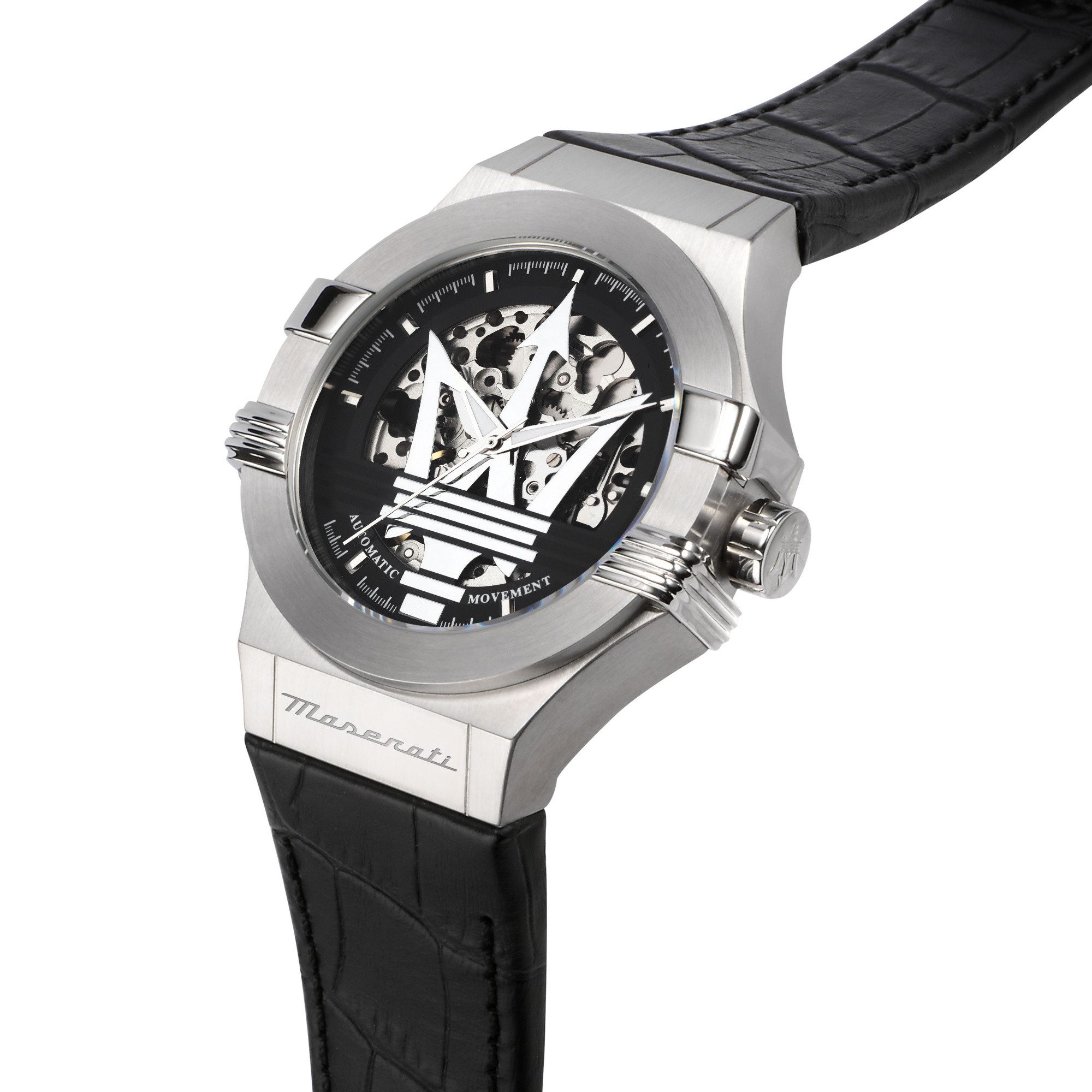 MASERATI Automatikuhr Potenza R8821108052, 42 mm – Herrenuhr mit skelettiertem Zifferblatt, & schwarzem Lederarmband