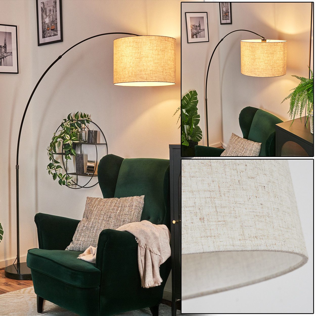 hofstein Bogenlampe Stehlampe mit Marmorfuß aus Metall/Stoff in Schwarz/Chrom/Beige/Weiß, Stehleuchte im modernen Design, Ø 40 cm, Fußschalter, E27