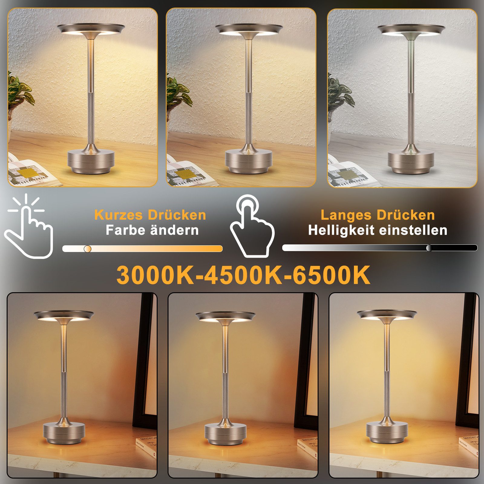 ZMH LED Tischleuchte Kabellos Nachttischlampe Touch Dimmbar Lampe Fensterbank Wohnzimmer, Augenschutz, Einfache Installtion, LED fest integriert, 3000-6500K, mehrere Helligkeitsstufen Akkulampe mit USB-Ladefunktion Kinderzimmer