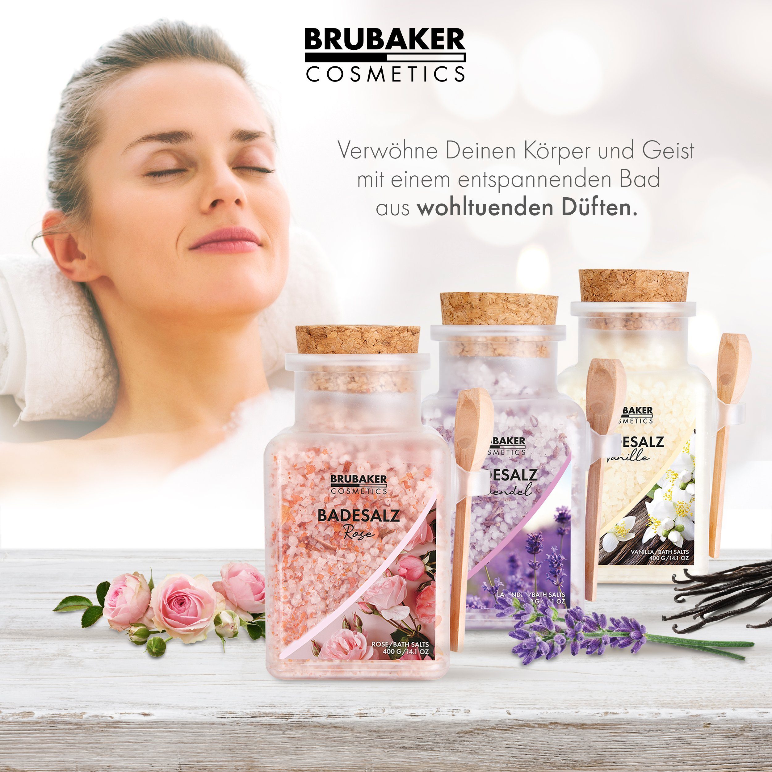 Extrakten, und Rose Wellness Badesalz Duft, & Baden für Körperpflege Vanille Set Erholung 3-tlg., BRUBAKER Entspannung, natürlichen mit Badezusatz Lavendel