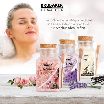 BRUBAKER Badesalz Set Rose Vanille & Lavendel Duft, Badezusatz mit natürlichen Extrakten, 3-tlg., Wellness Baden für Entspannung, Erholung und Körperpflege