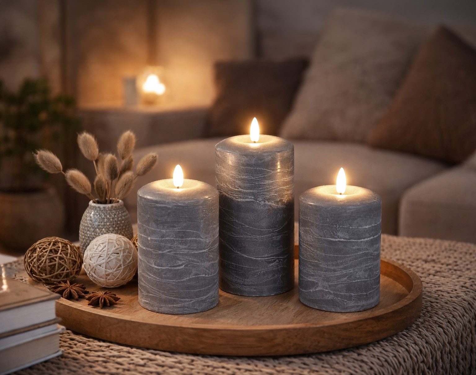 formano LED Dekolicht LED-Wachskerze Grau 12cm 3D Flackereffekt & Timer 6Std an/ 18Std aus, LED fest integriert