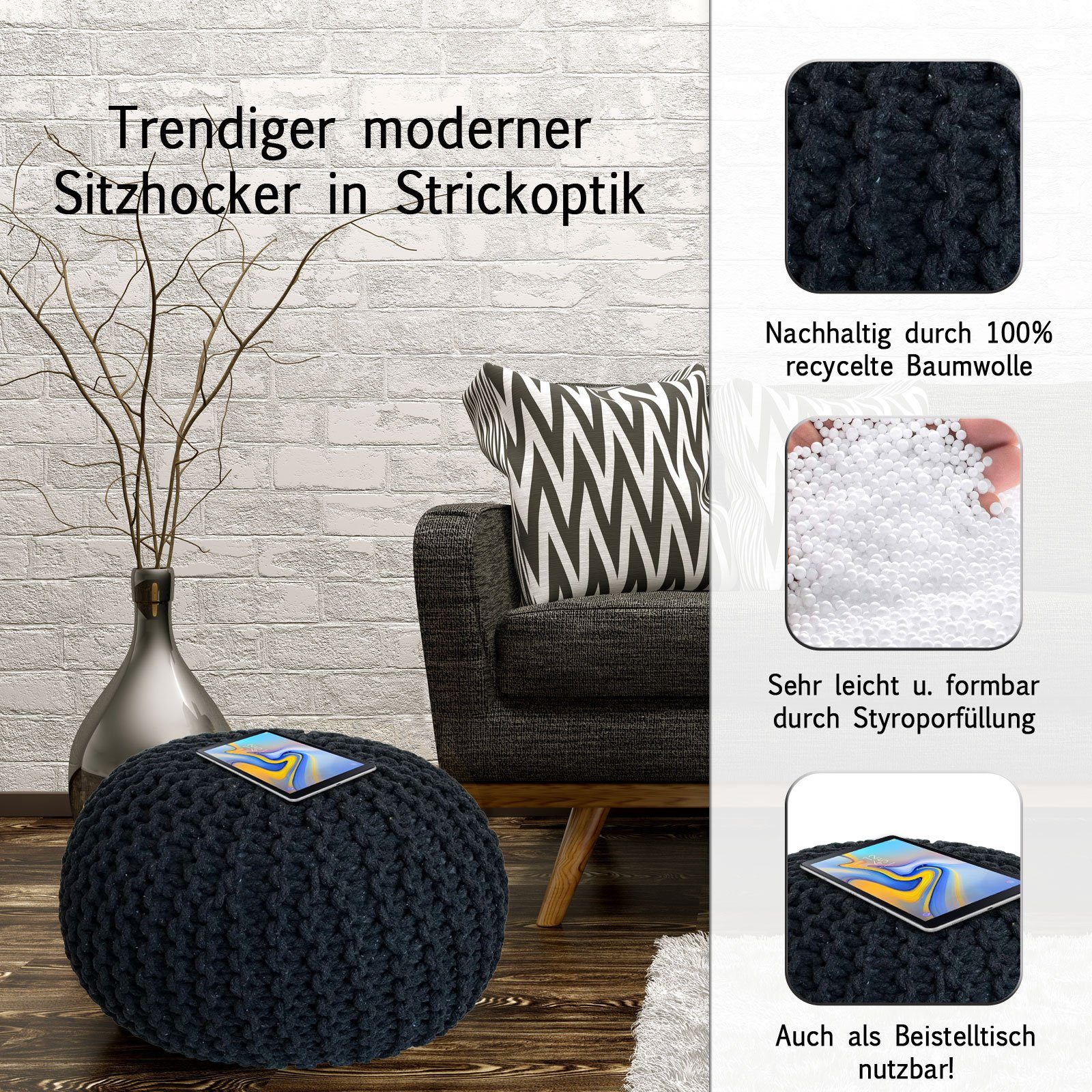 cm Pouf 45 o. Ø Bodenkissen Pouf Strickhocker Casamia schwarz nachhaltig Sitzpouf 55