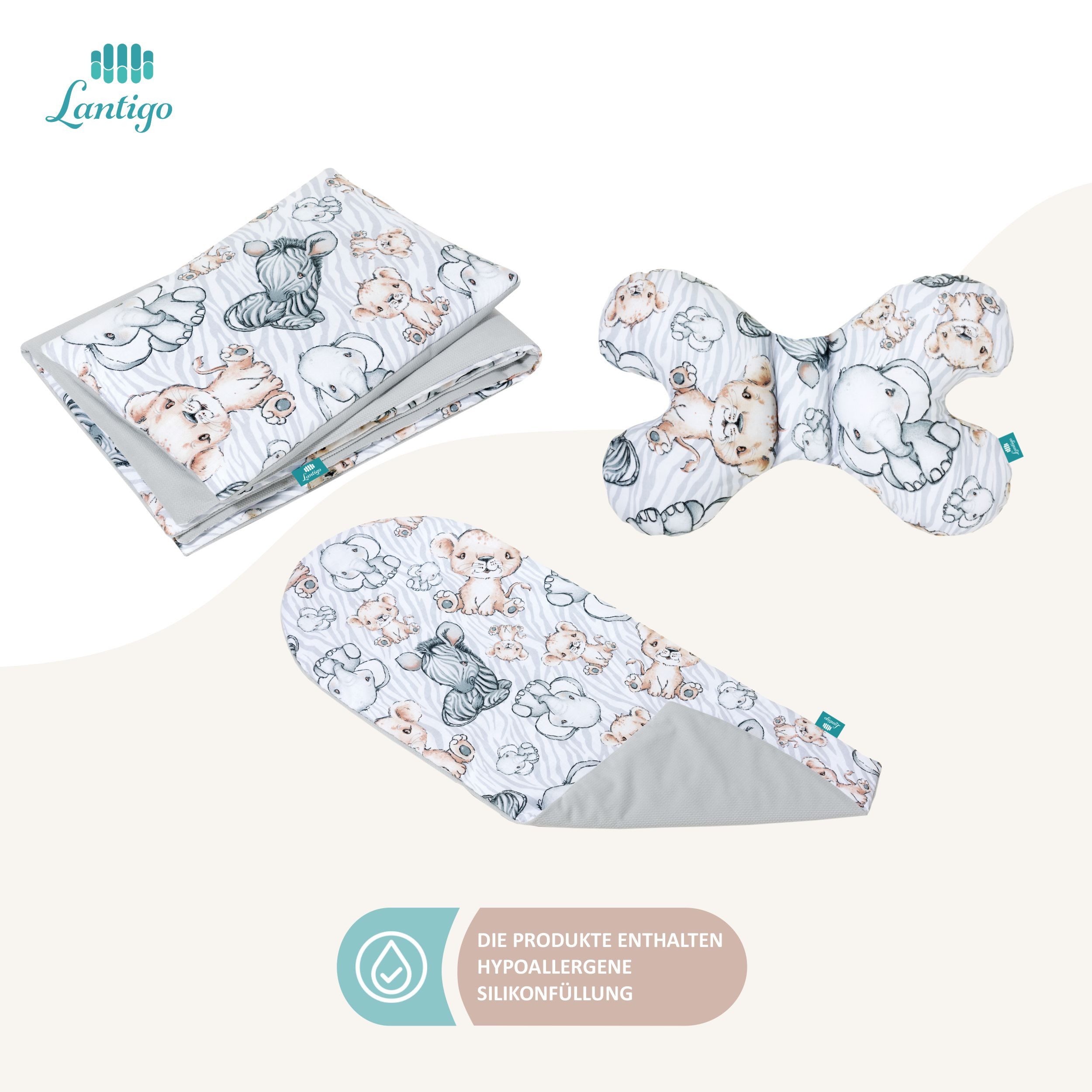 Lantigo Bettnestchen Nest Set für Neugeborene, Babynestchen Baby Erstausstattung, (Grau, 5-tlg., Safari Grey), Baumwolle/Samt inkl. Baby - Kuschelkokon, 2 Kissen, Babydecke Matratze